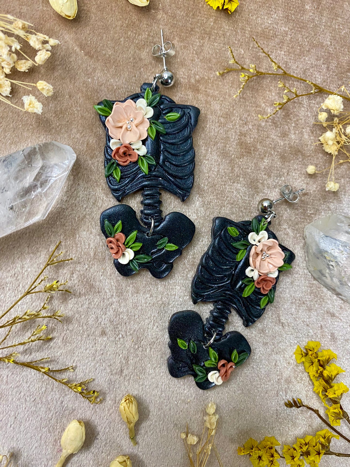 Black Floral Torso Skeleton Earrings