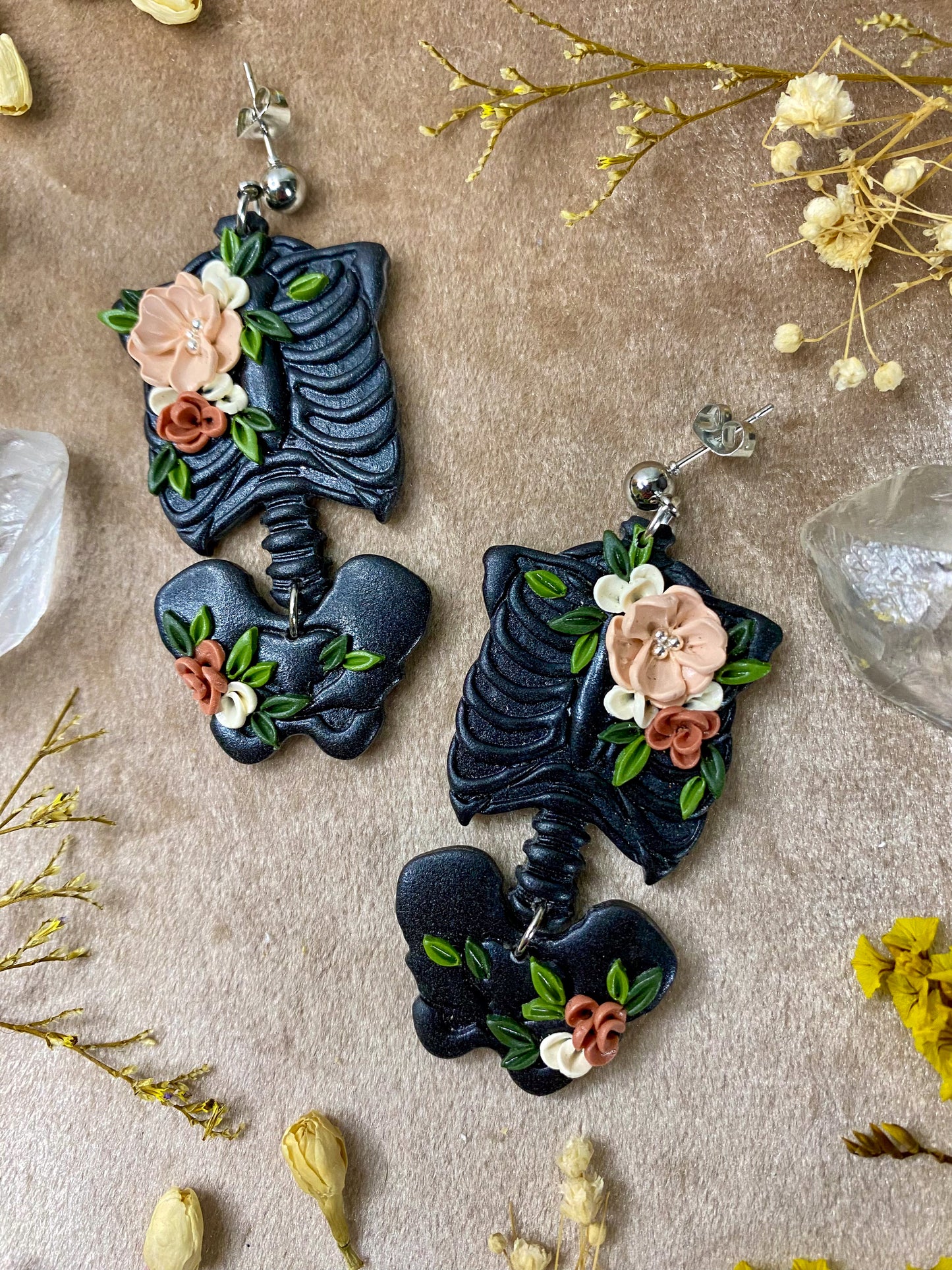 Black Floral Torso Skeleton Earrings