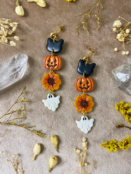 polymer clay Halloween cat pumpkin sunflower ghost dangle earrings