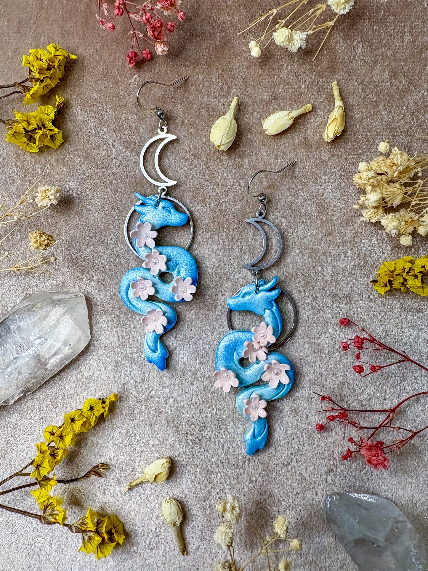 Blue Floral Dragon Earrings
