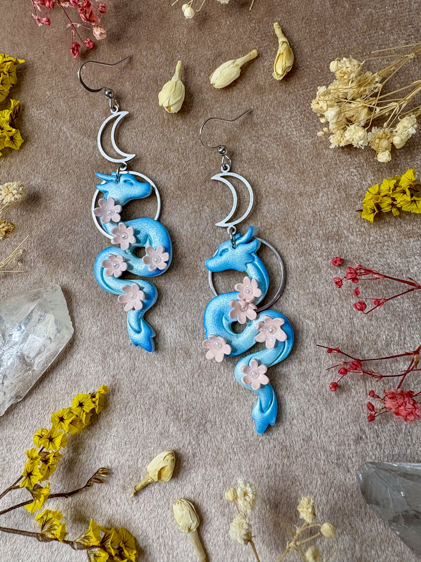 Blue Floral Dragon Earrings