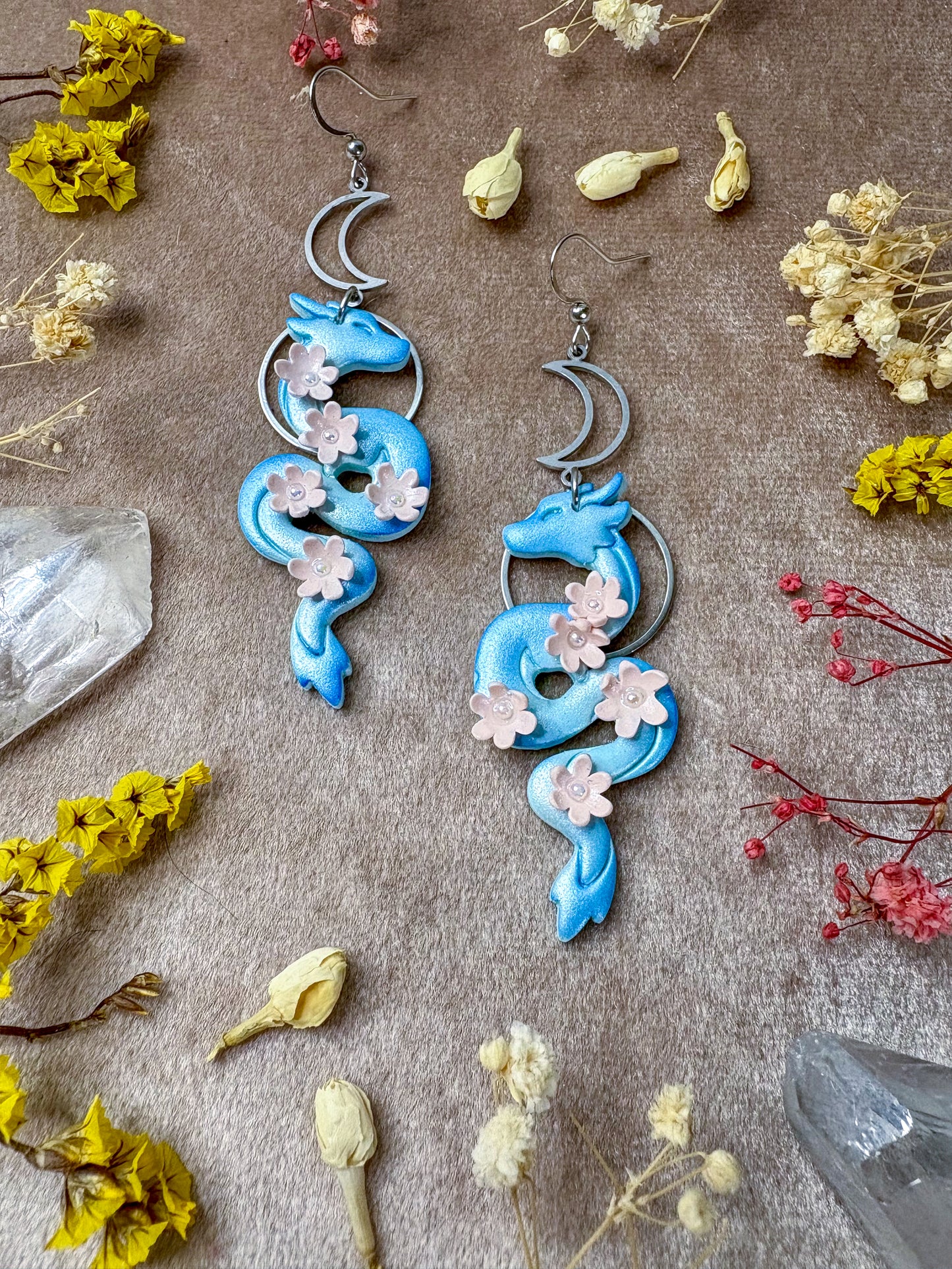 Blue Floral Dragon Earrings