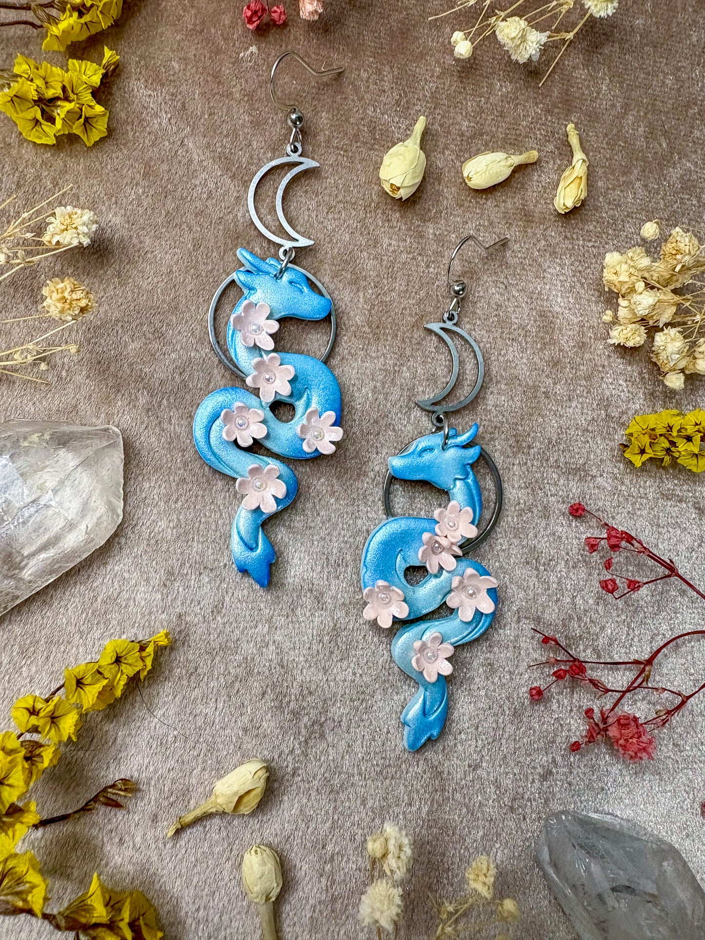 Blue Floral Dragon Earrings