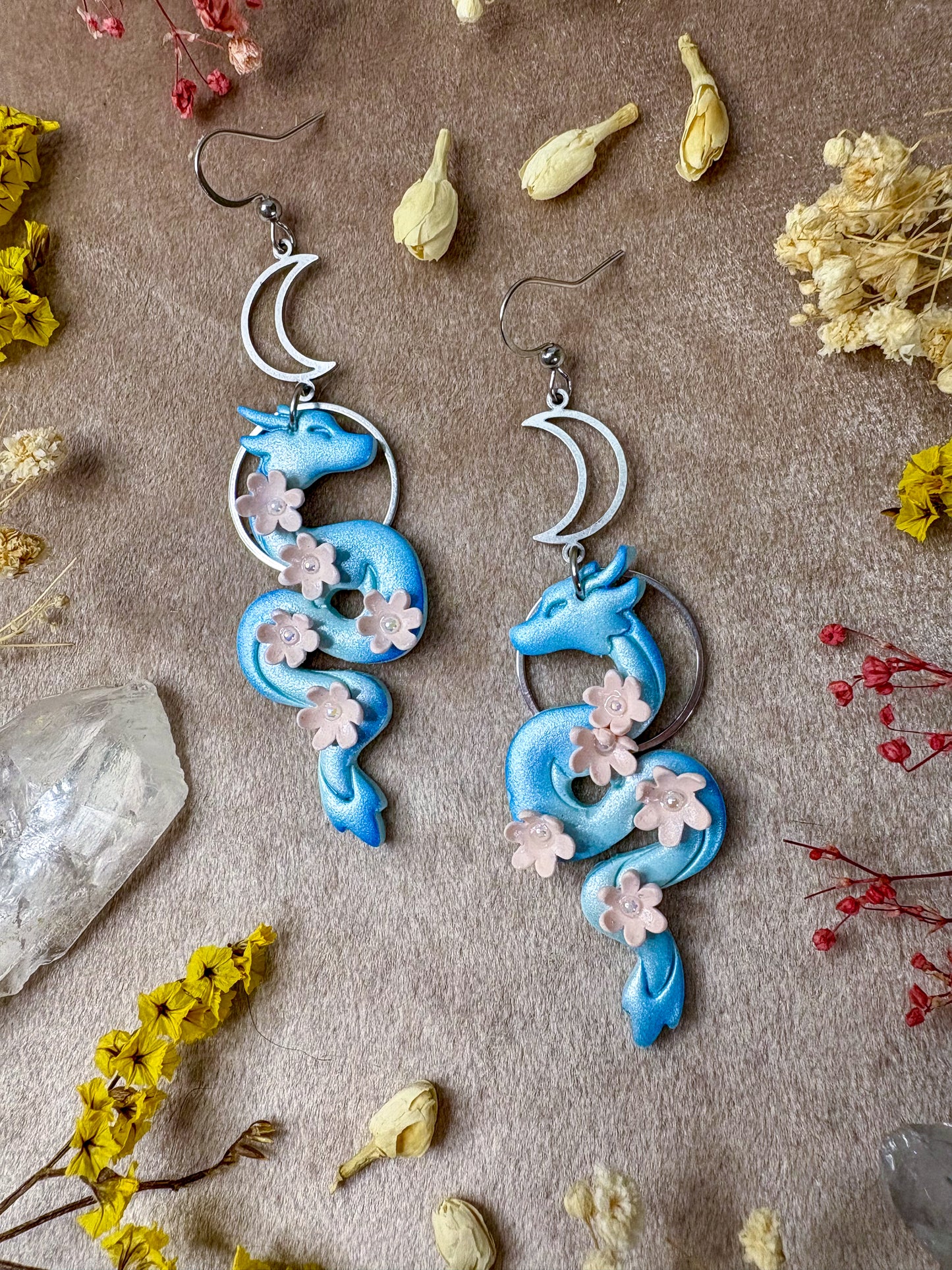 Blue Floral Dragon Earrings