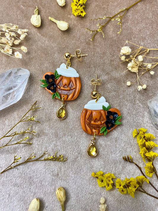 polymer clay halloween floral pumpkin spice mug latte earrings