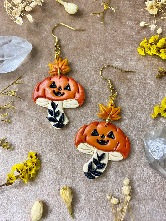 polymer clay Halloween pumpkin mushroom earrings
