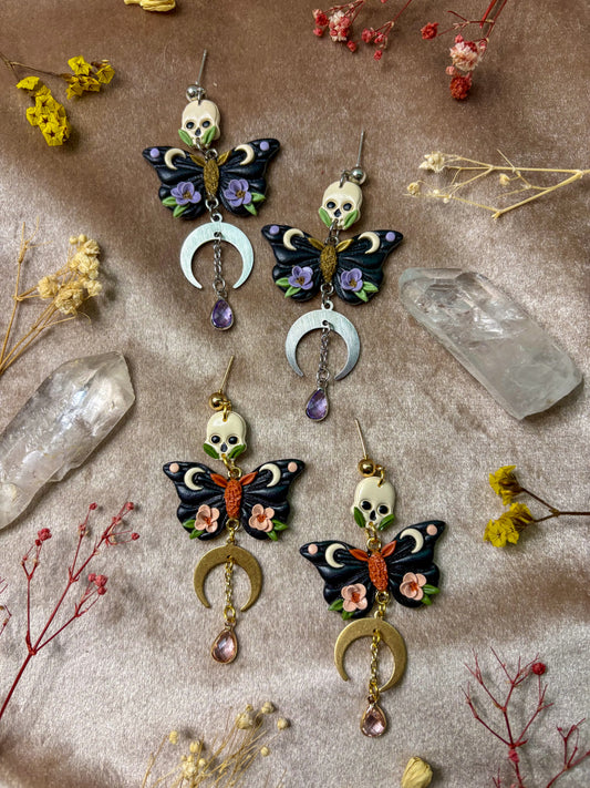 Floral Skull Moth Earrings