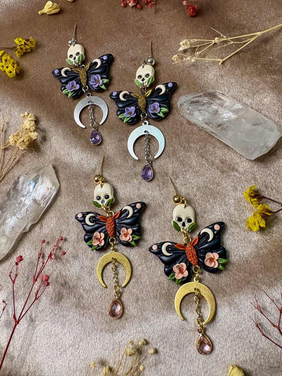 Floral Skull Moth Earrings