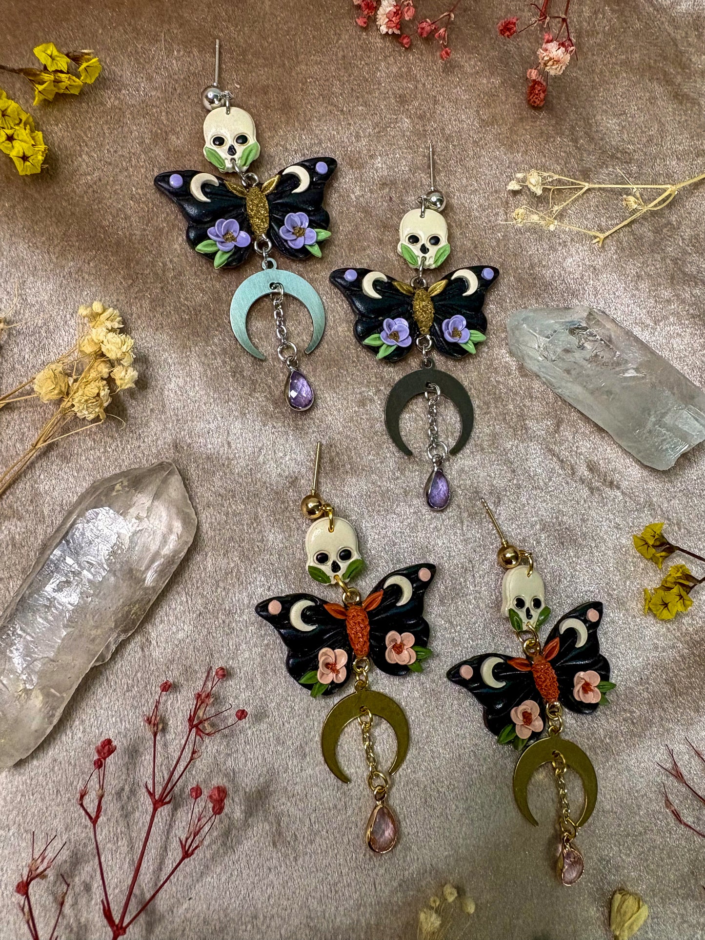 Floral Skull Moth Earrings