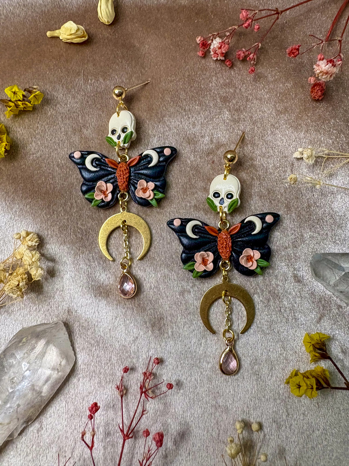 Floral Skull Moth Earrings