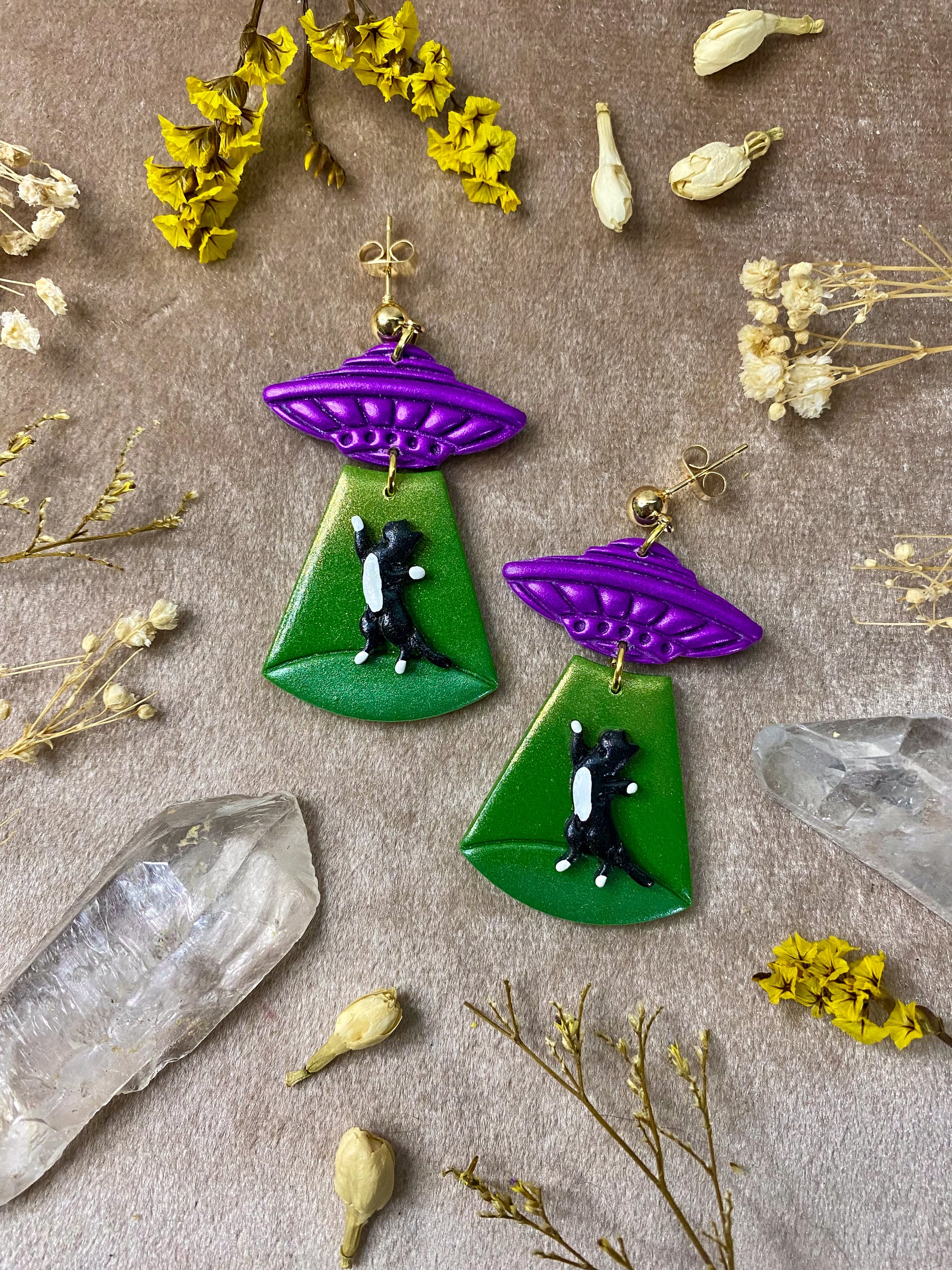 polymer clay green and purple abducted cat alien dangle earrings
