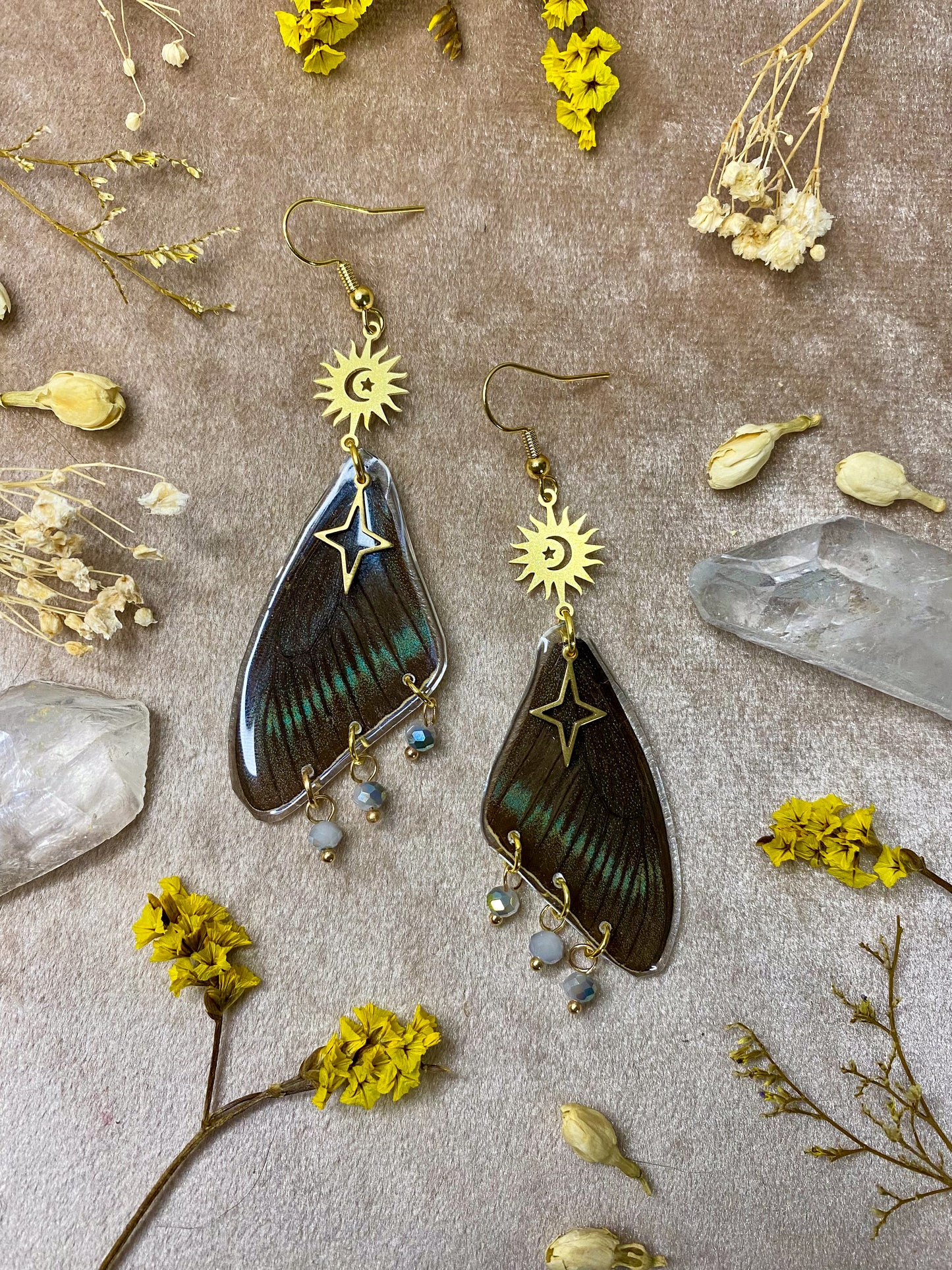 resin emerald green chinese peacock butterfly moth wing dangle earrings