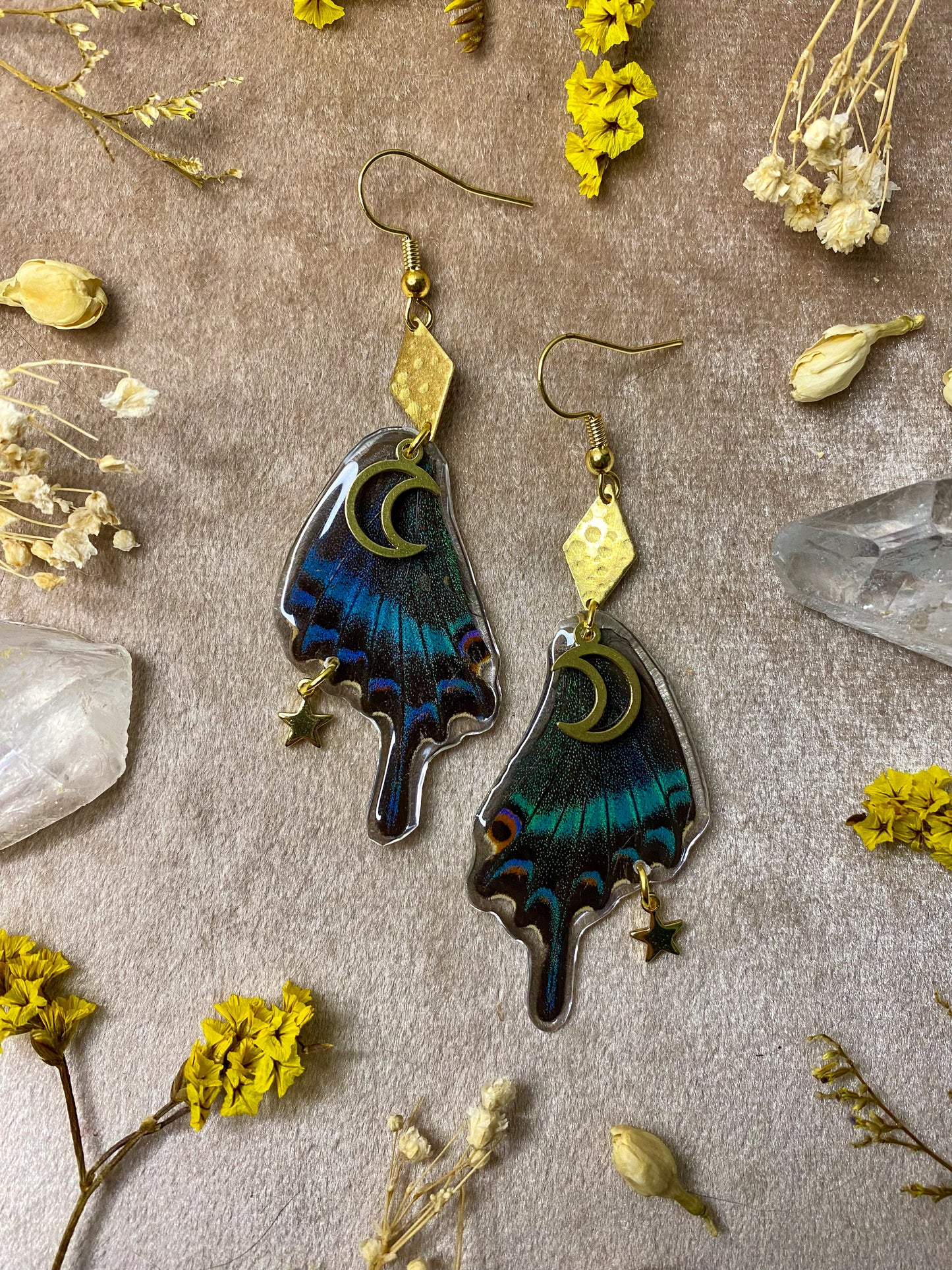 resin chinese peacock moth butterfly wing dangle earrings