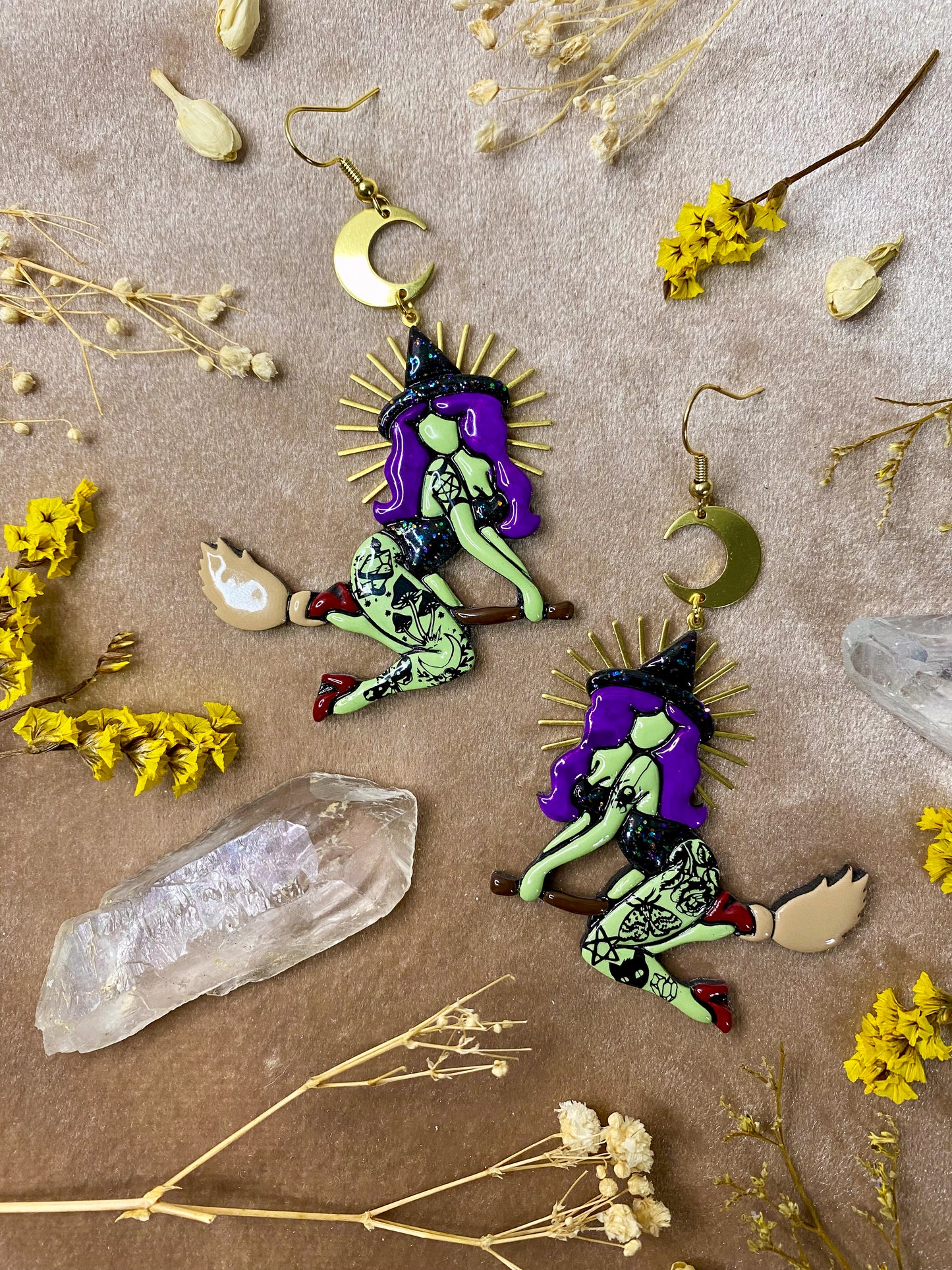 polymer clay and resin tattoo witch babe dangle earrings