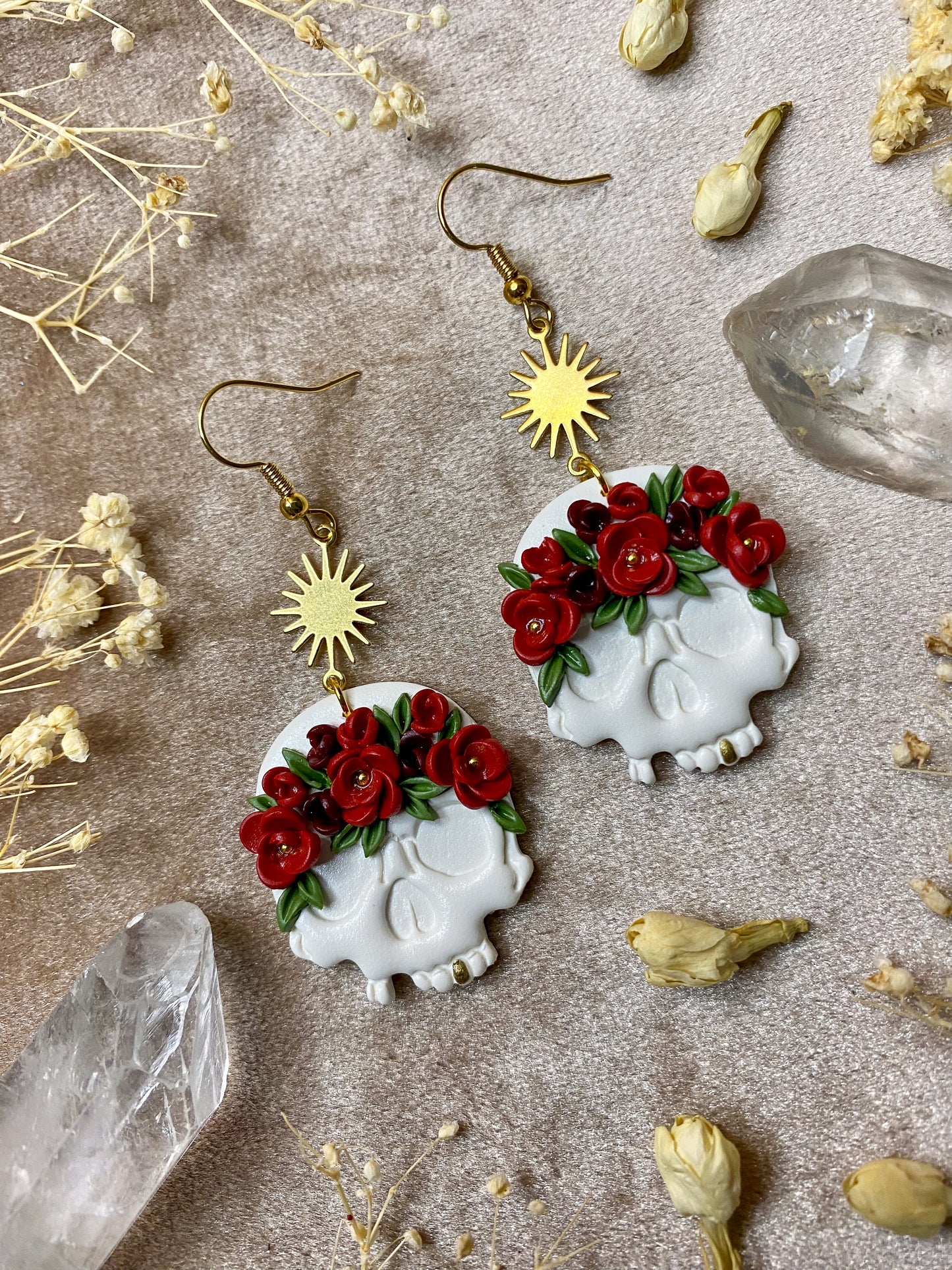 Red Rose Crown Skull Earrings