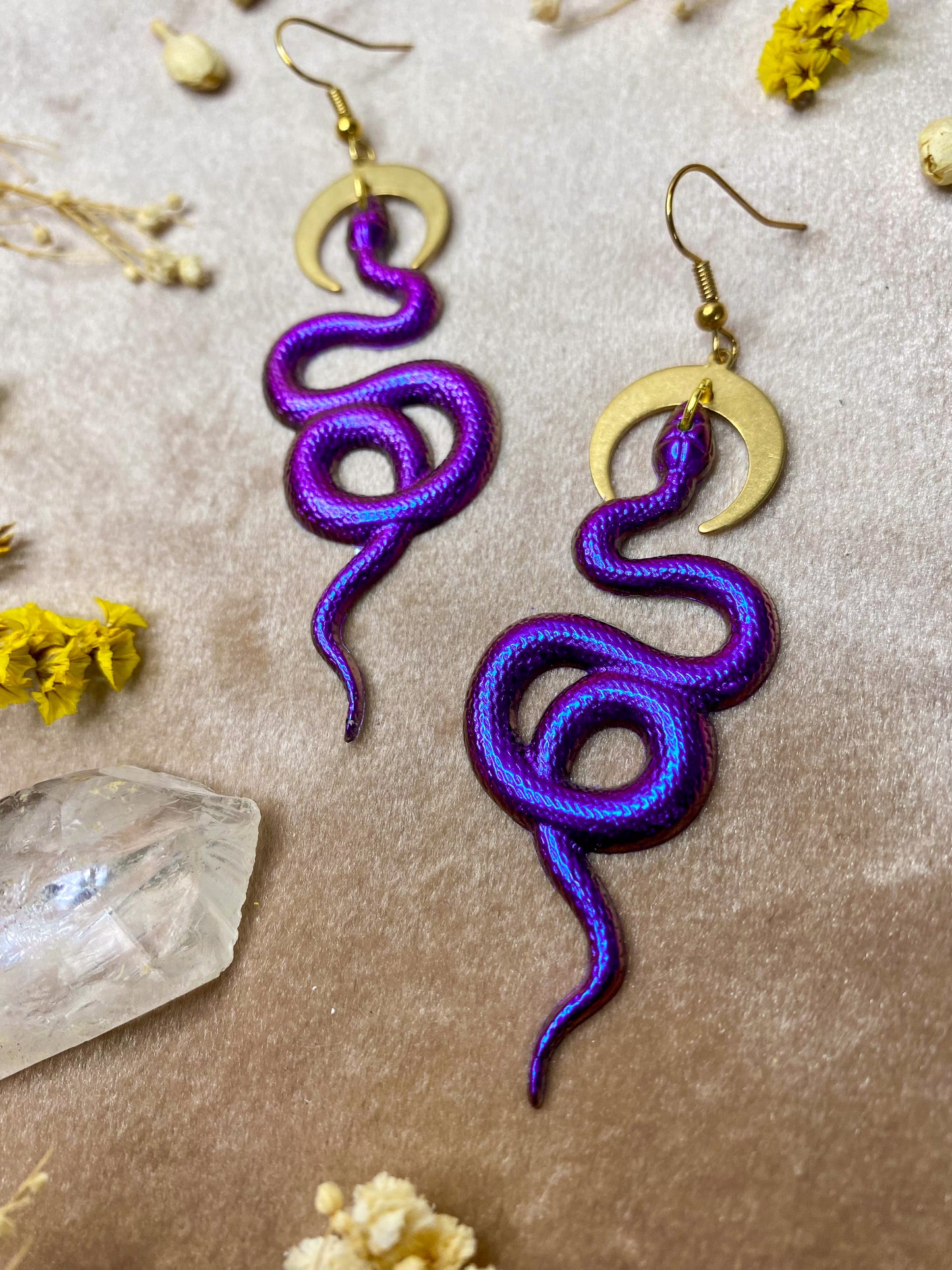 resin color changing purple blue magenta snake coil dangle earrings