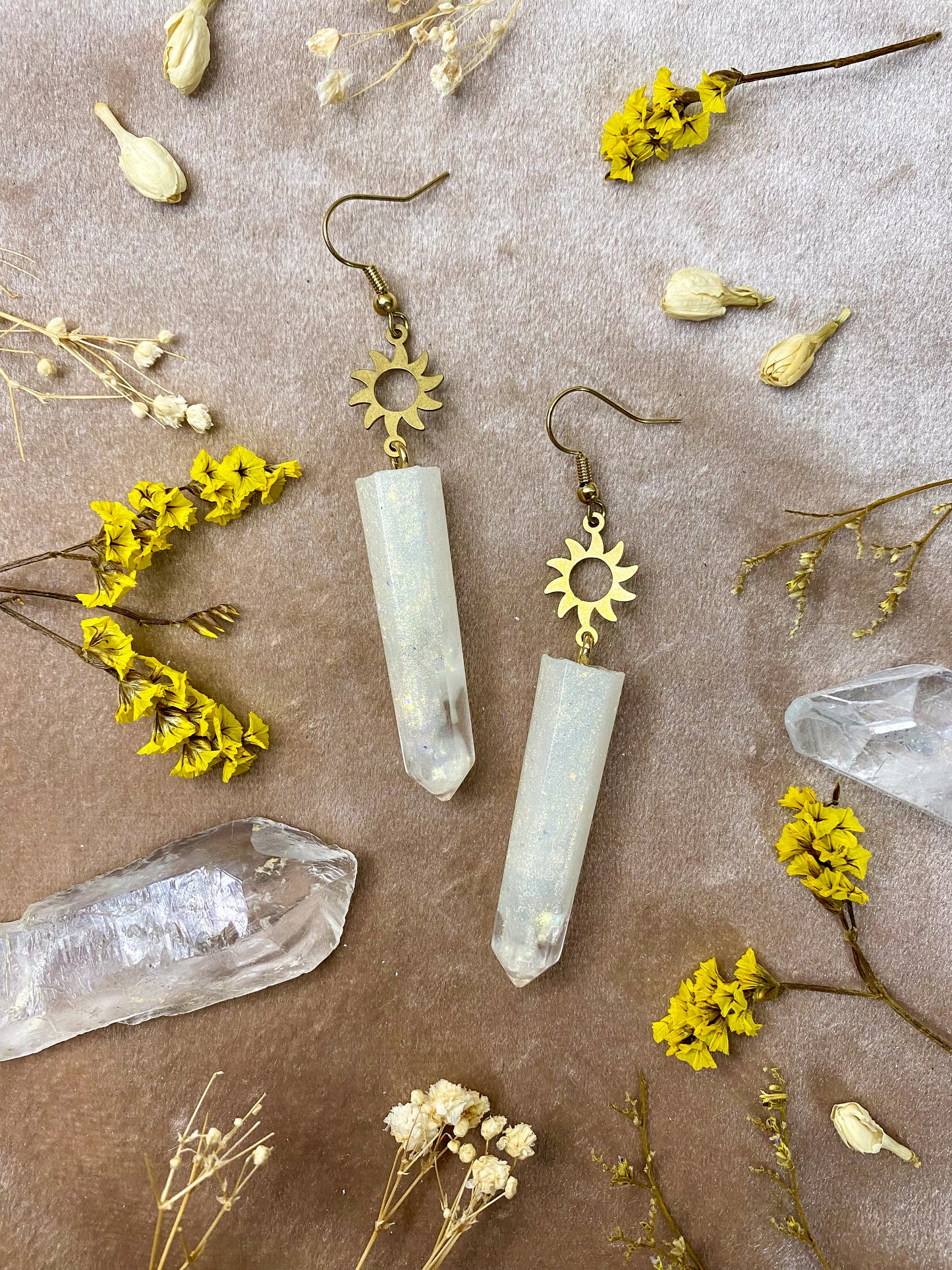 resin golden glow sun crystal dangle earrings