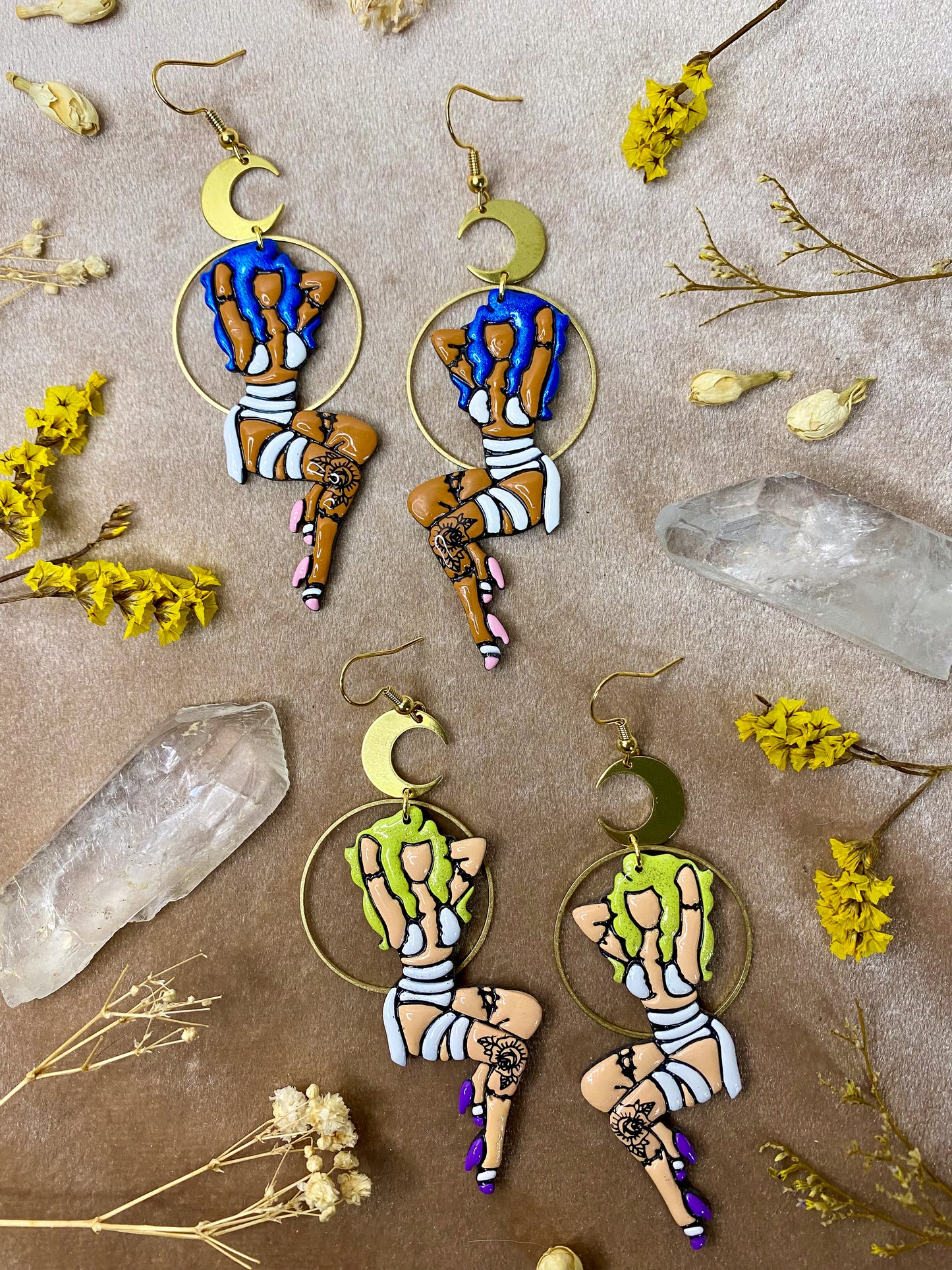 polymer clay and resin mummy tattoo girl dangle halloween earrings