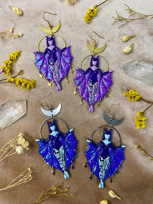 polymer clay and resin batgirl bat babe tattoo dangle earrings