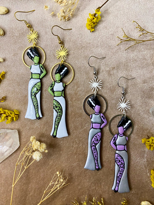 polymer clay and resin lady frankenstein gold and silver halloween dangle earrings