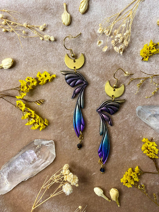 polymer clay rainbow aurora fairy wing dangle earrings