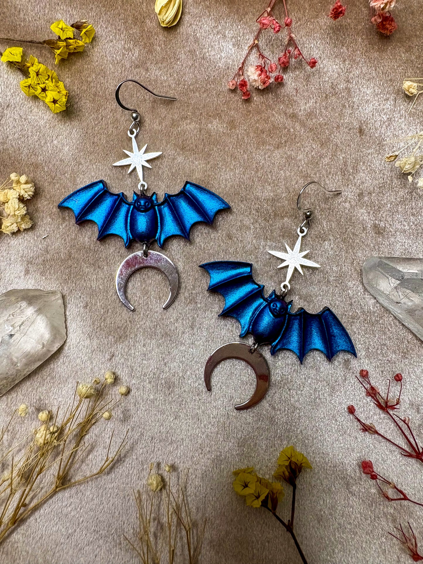 Blue and Silver Bat Earrings