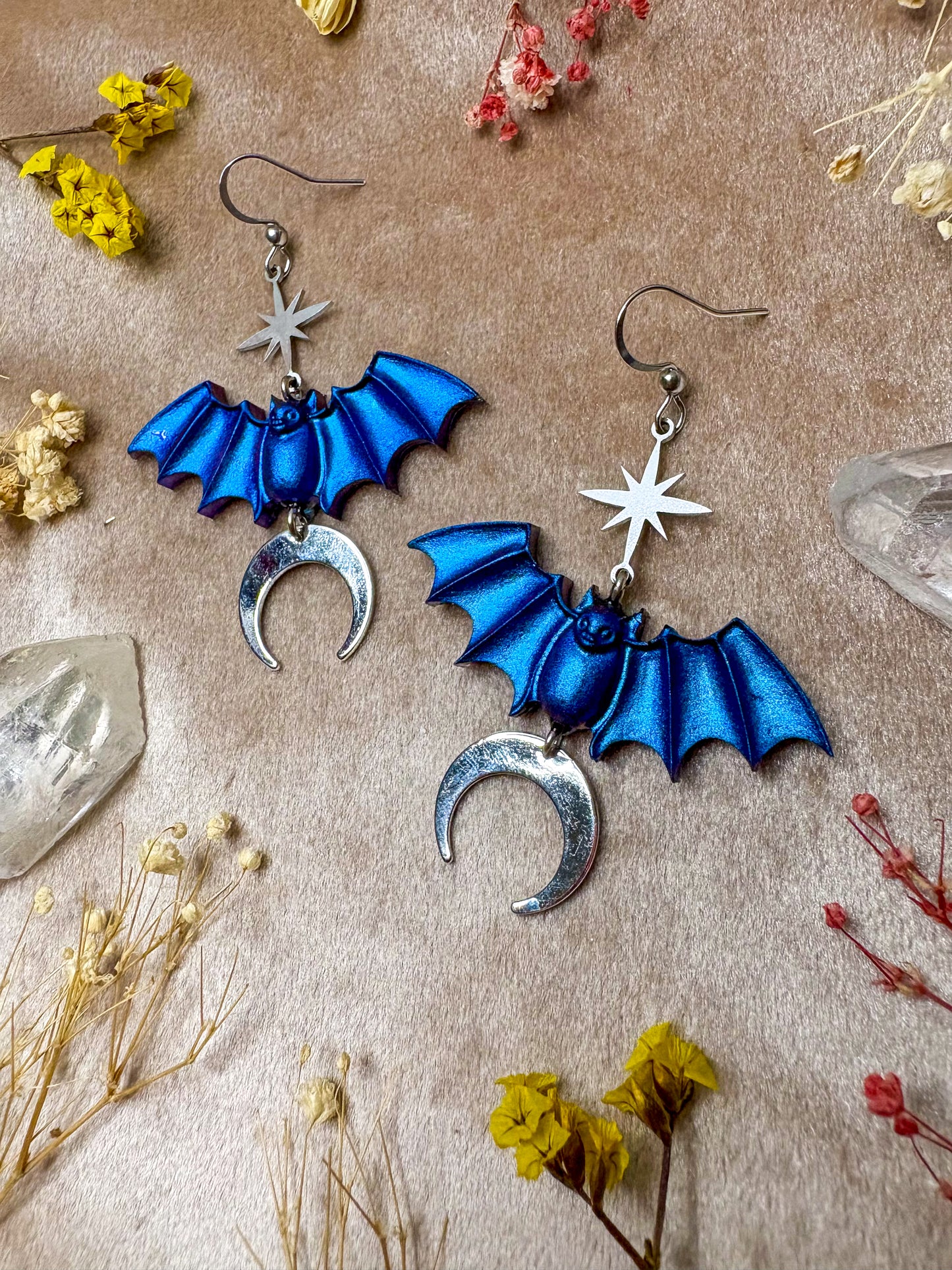 Blue and Silver Bat Earrings