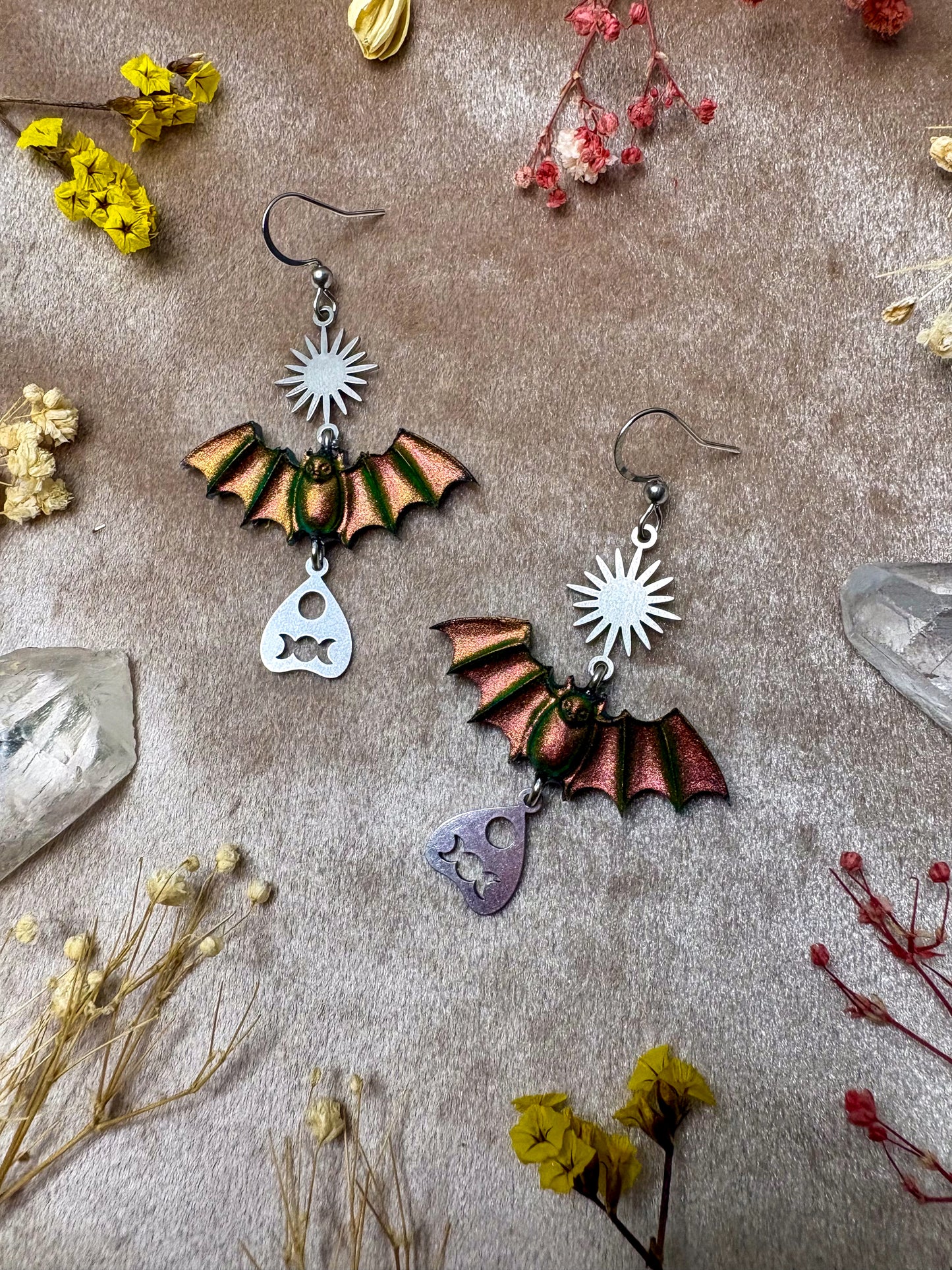 Planchette Color Shift Bat Earrings