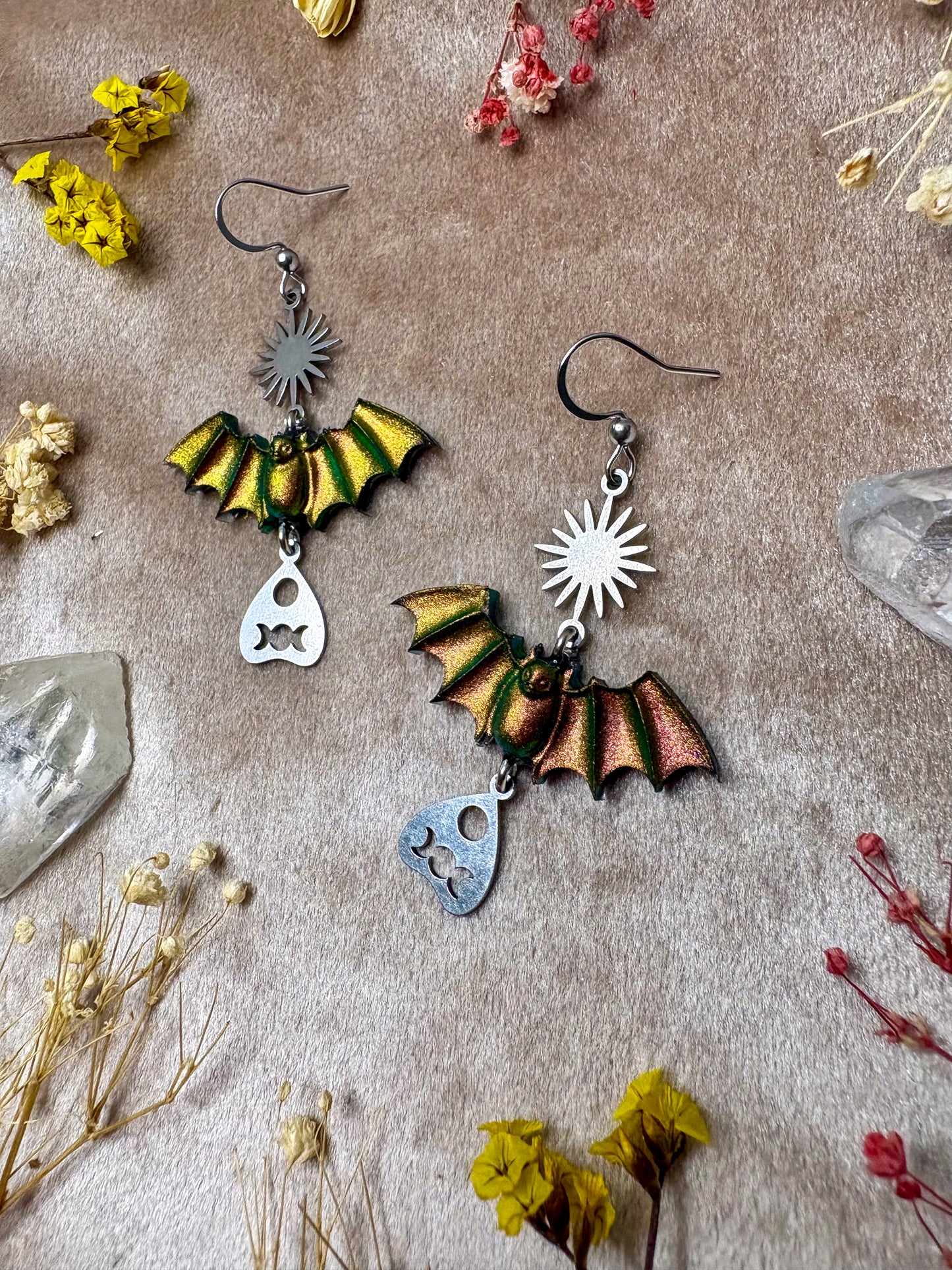 Planchette Color Shift Bat Earrings