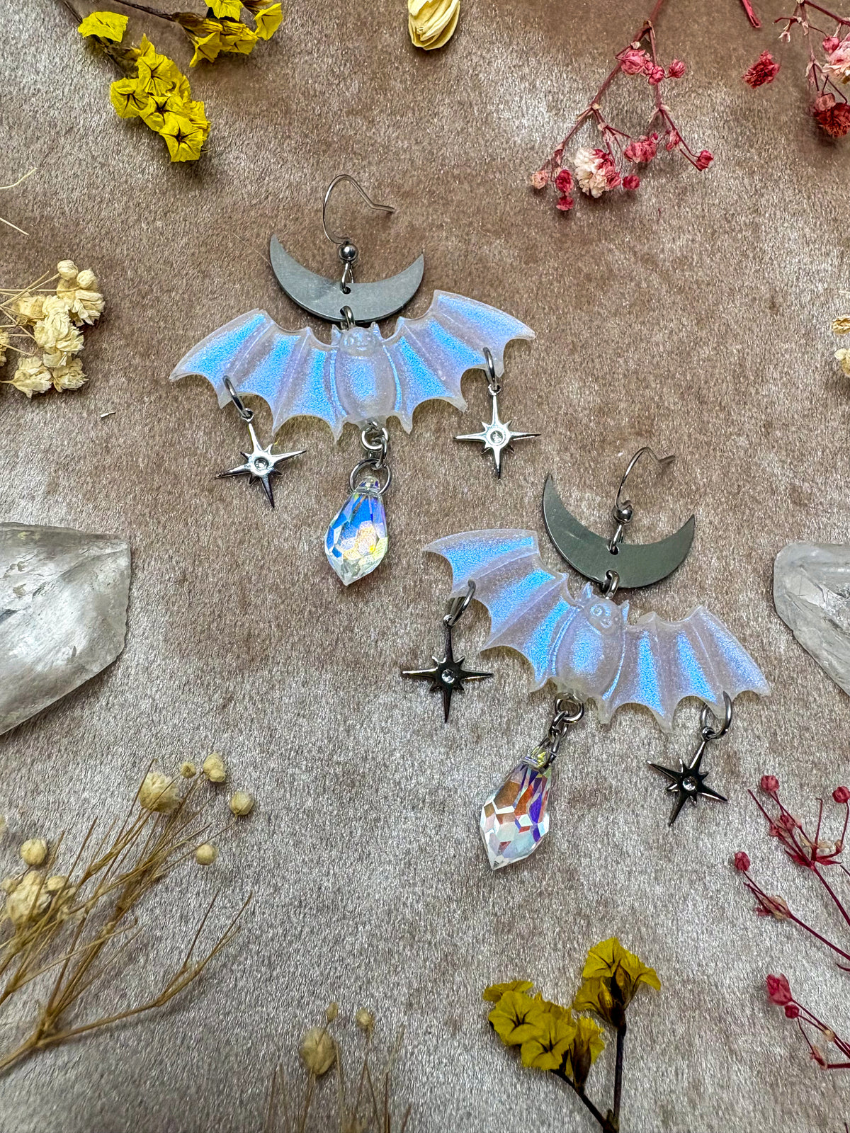 Silver Iridescent Bat Earrings