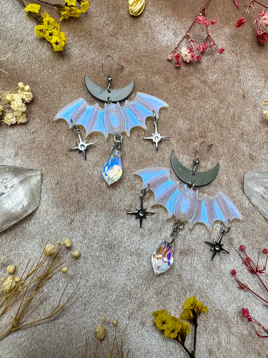 Silver Iridescent Bat Earrings