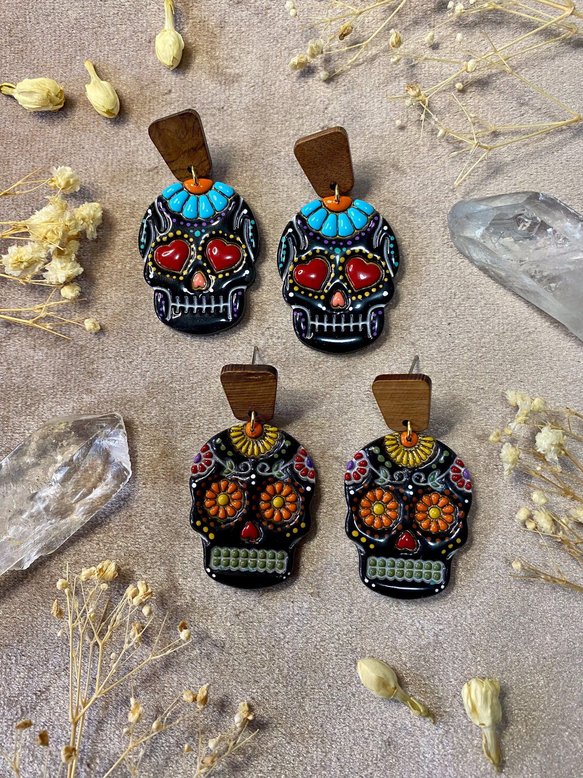 polymer clay and resin sugar skull day of the dead earrings