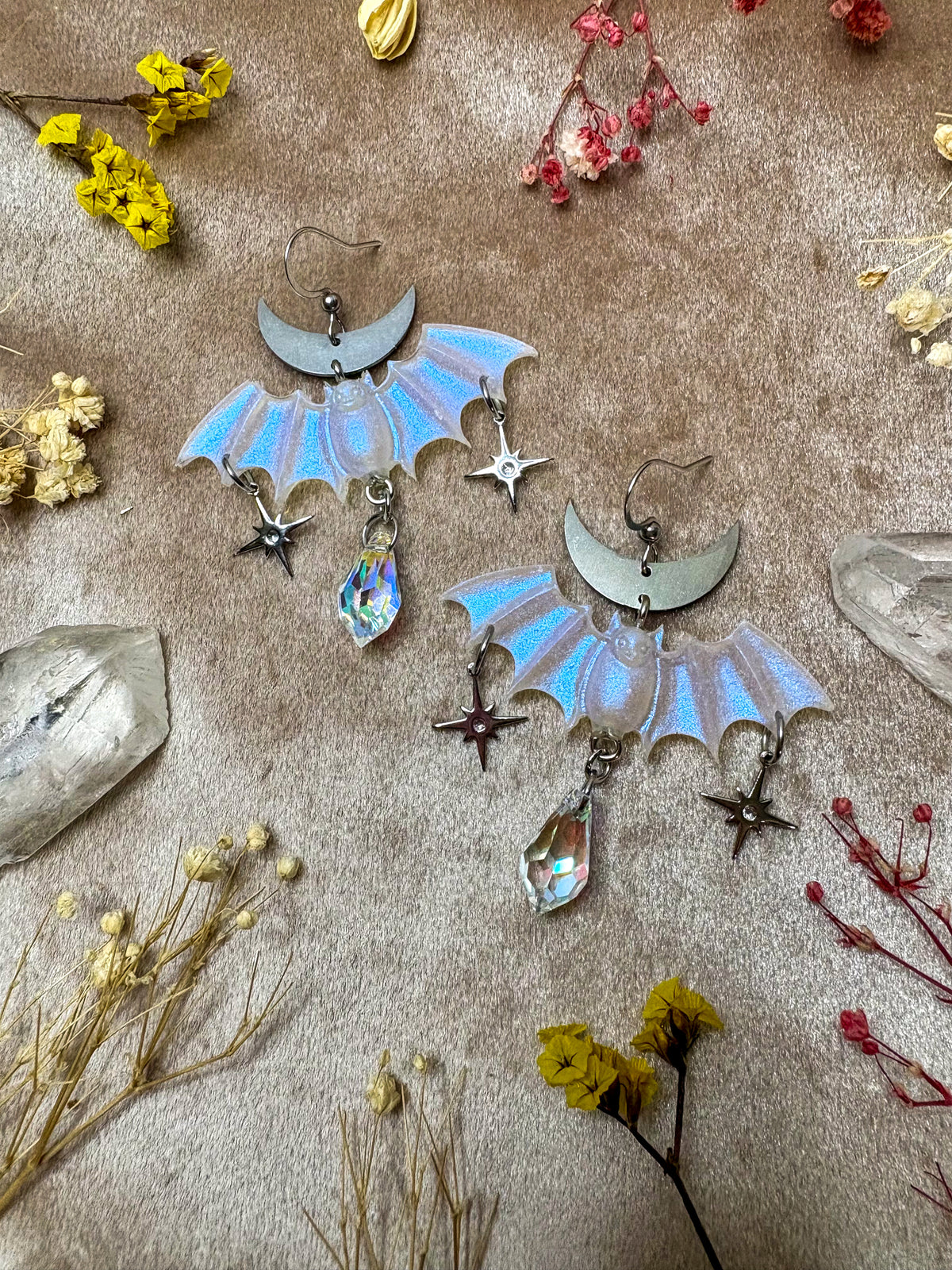 Silver Iridescent Bat Earrings