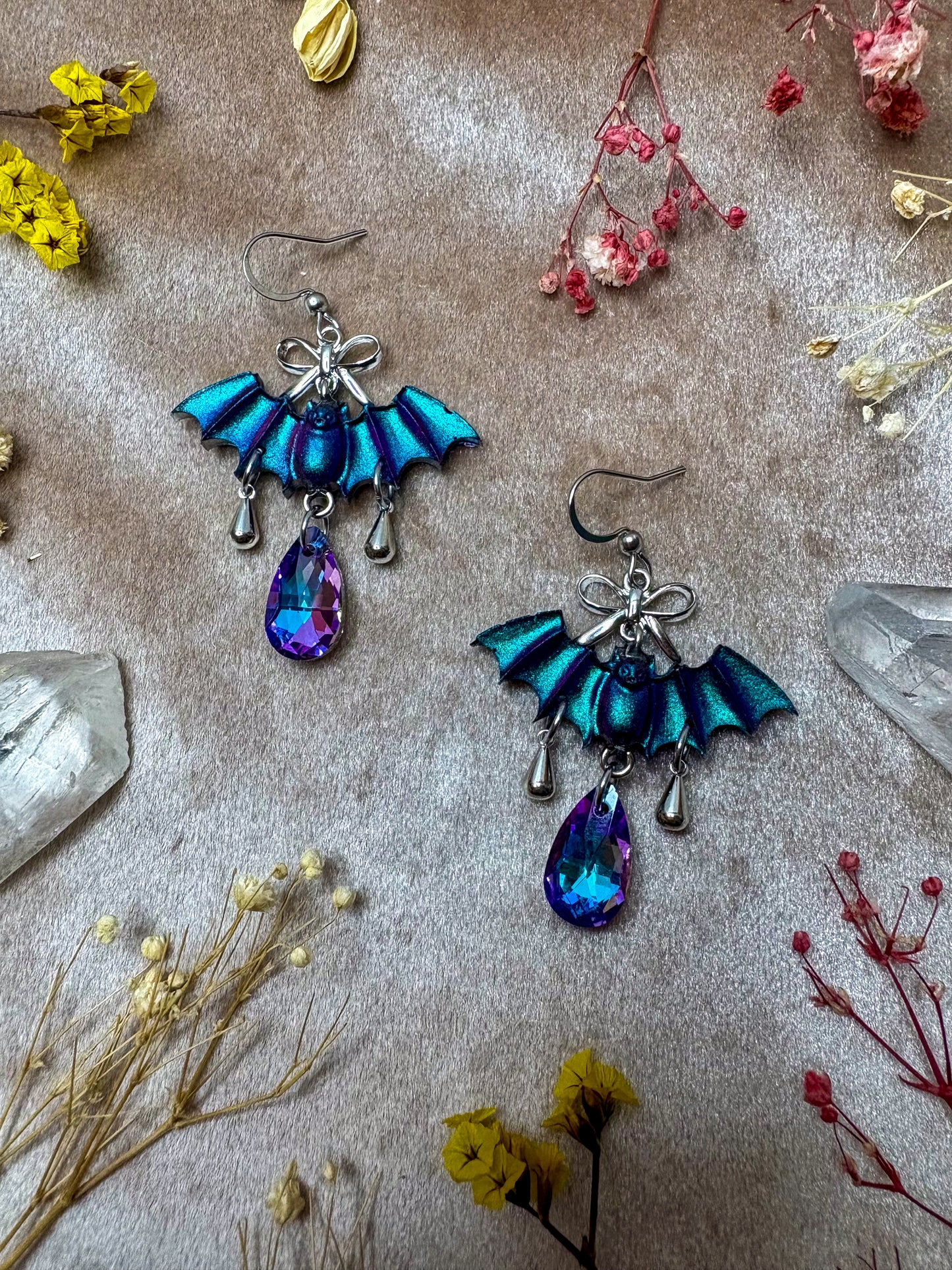 Teal and Purple Bow Bat Earrings