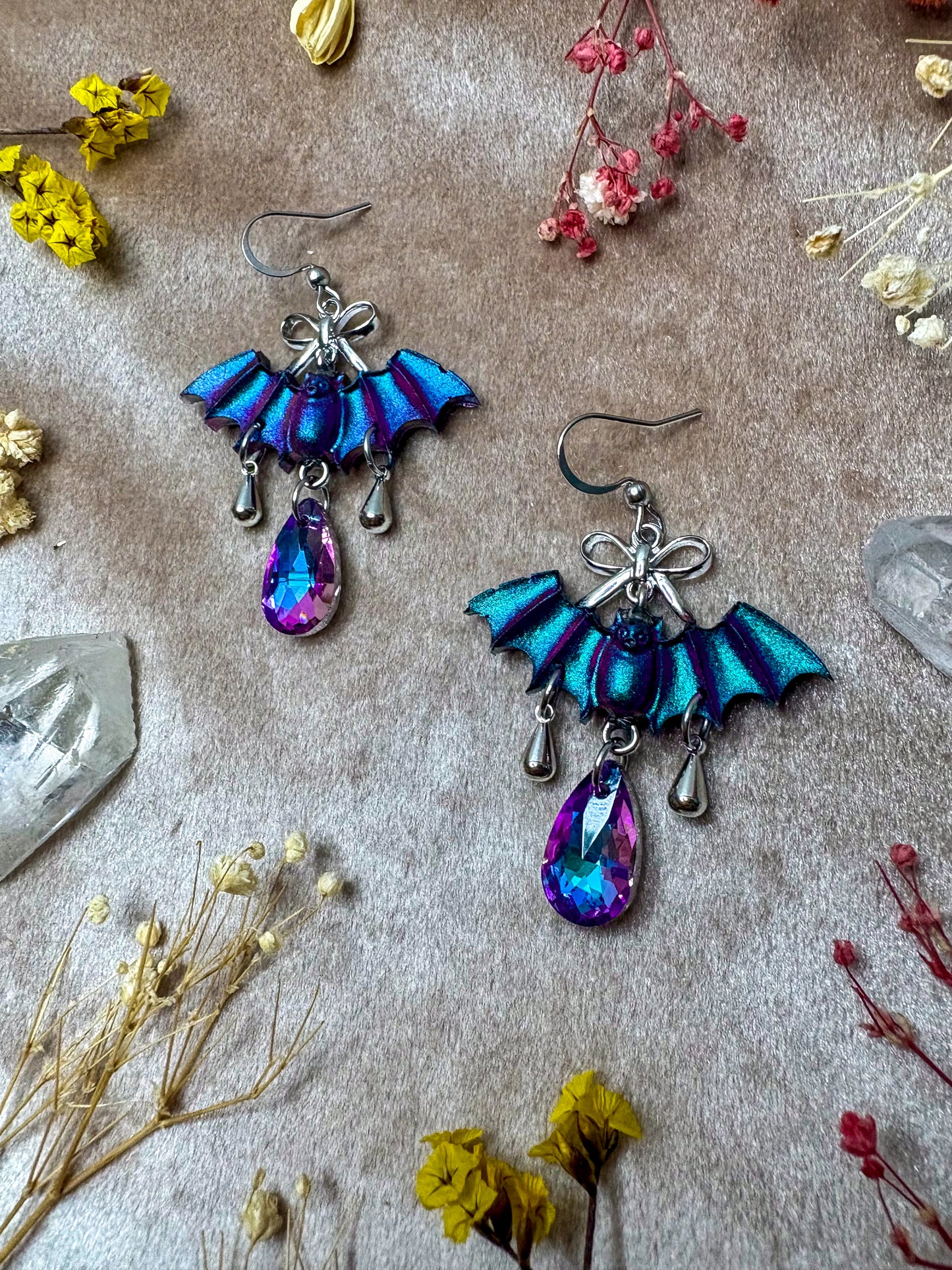 Teal and Purple Bow Bat Earrings