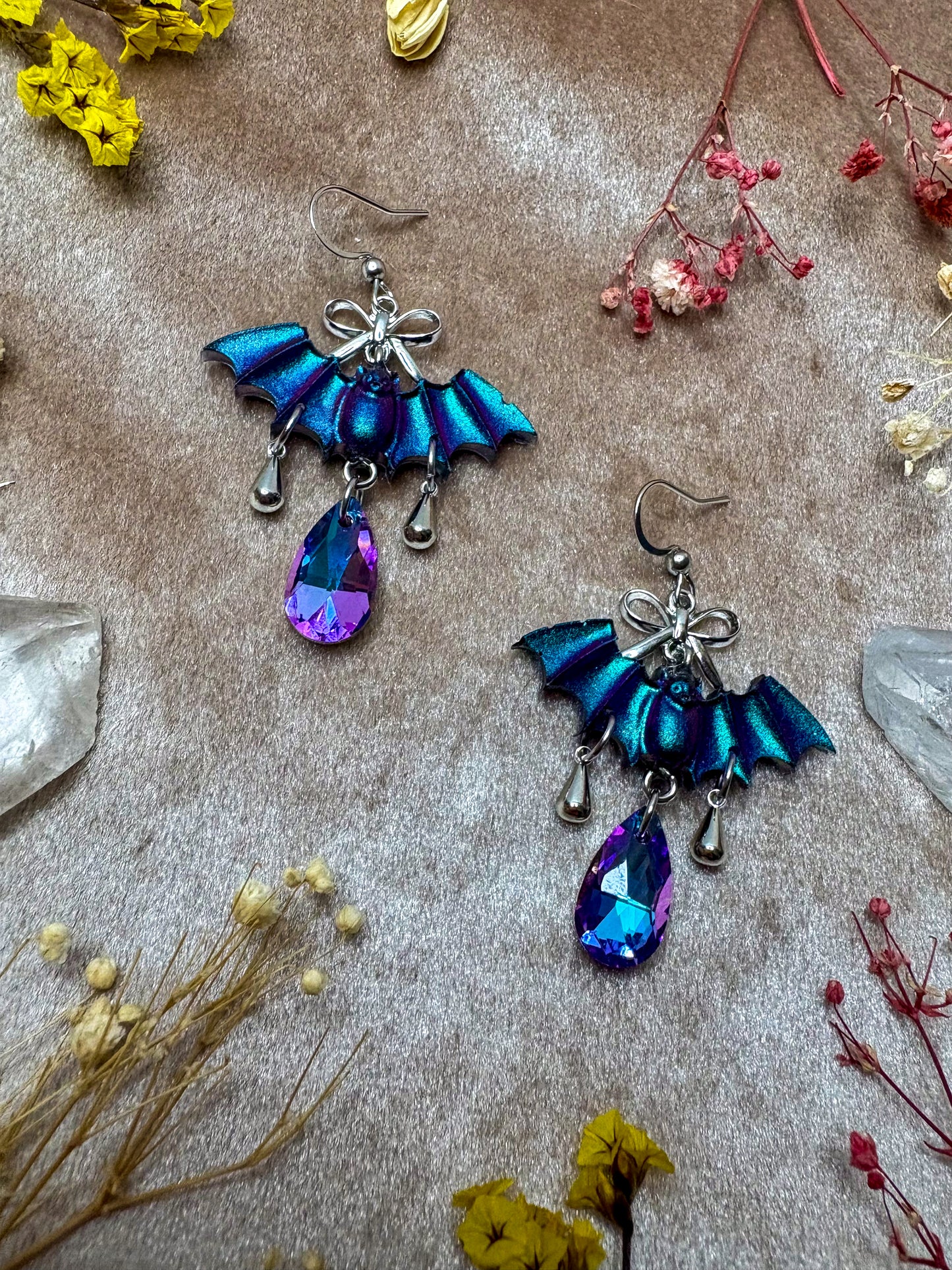 Teal and Purple Bow Bat Earrings