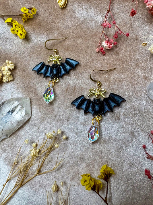 Small Black Bow Bat Earrings