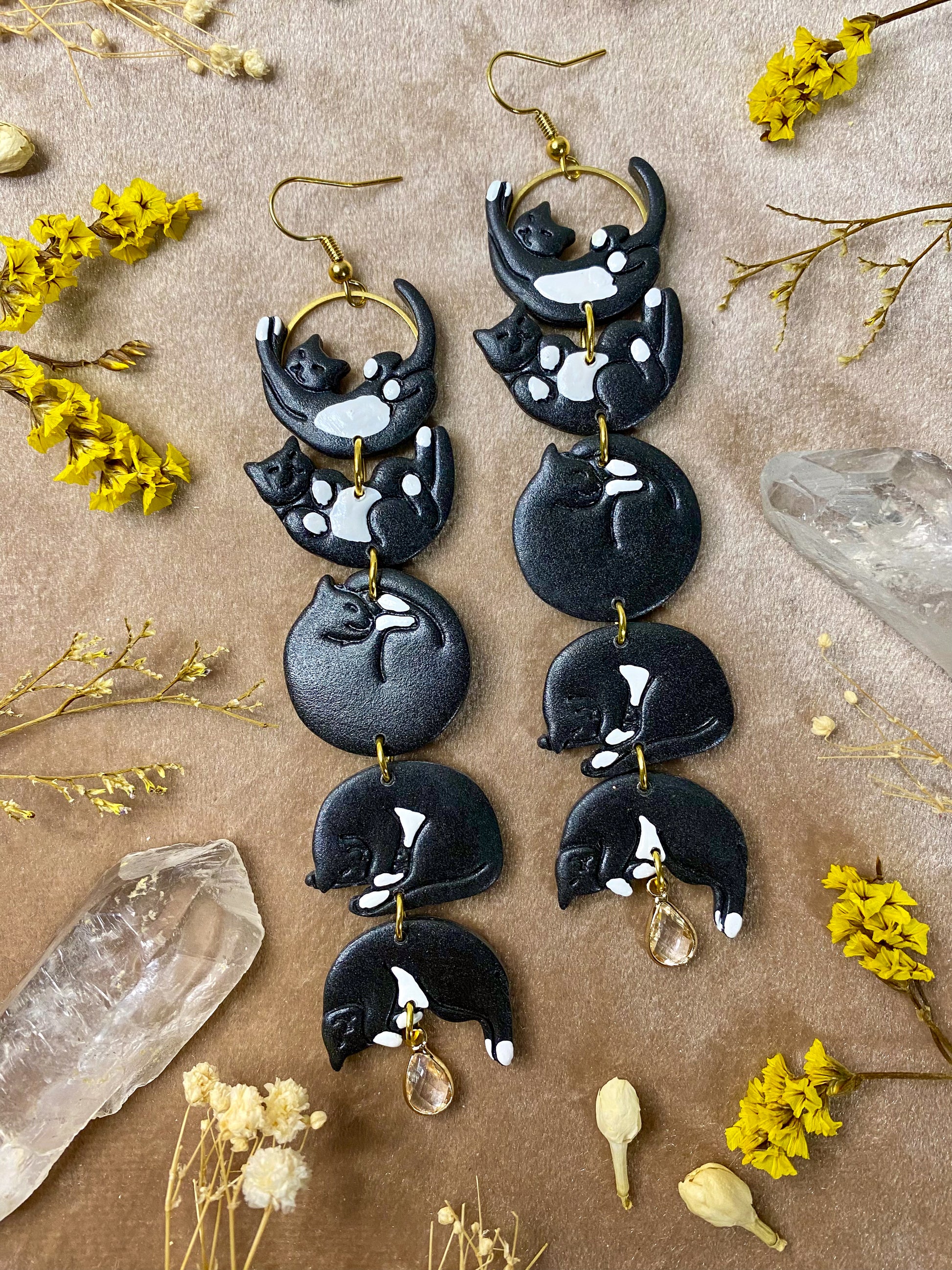 polymer clay cat moon phase tuxedo cat dangle earrings