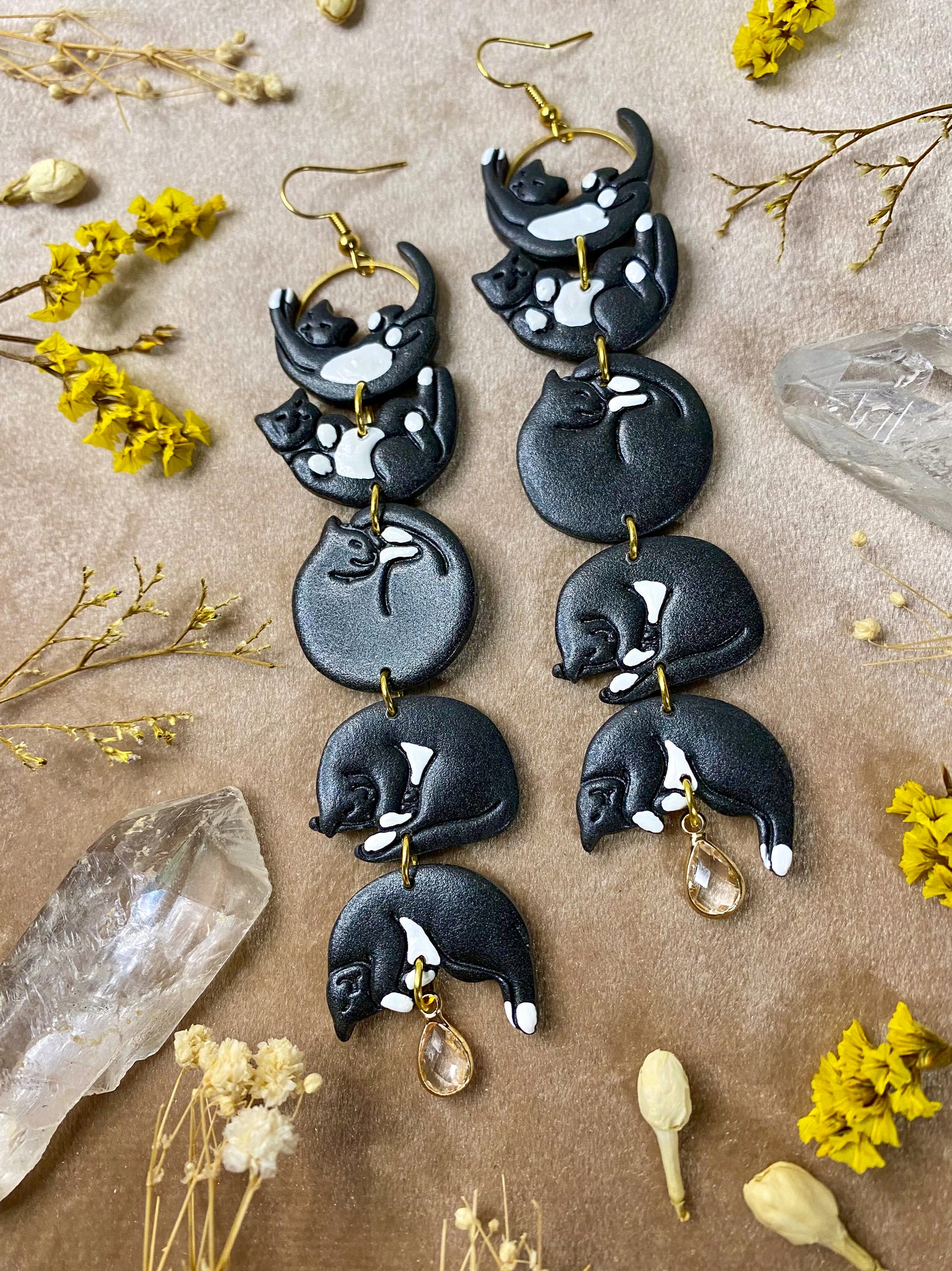 Cat Moon Phase Earrings - Tuxedo