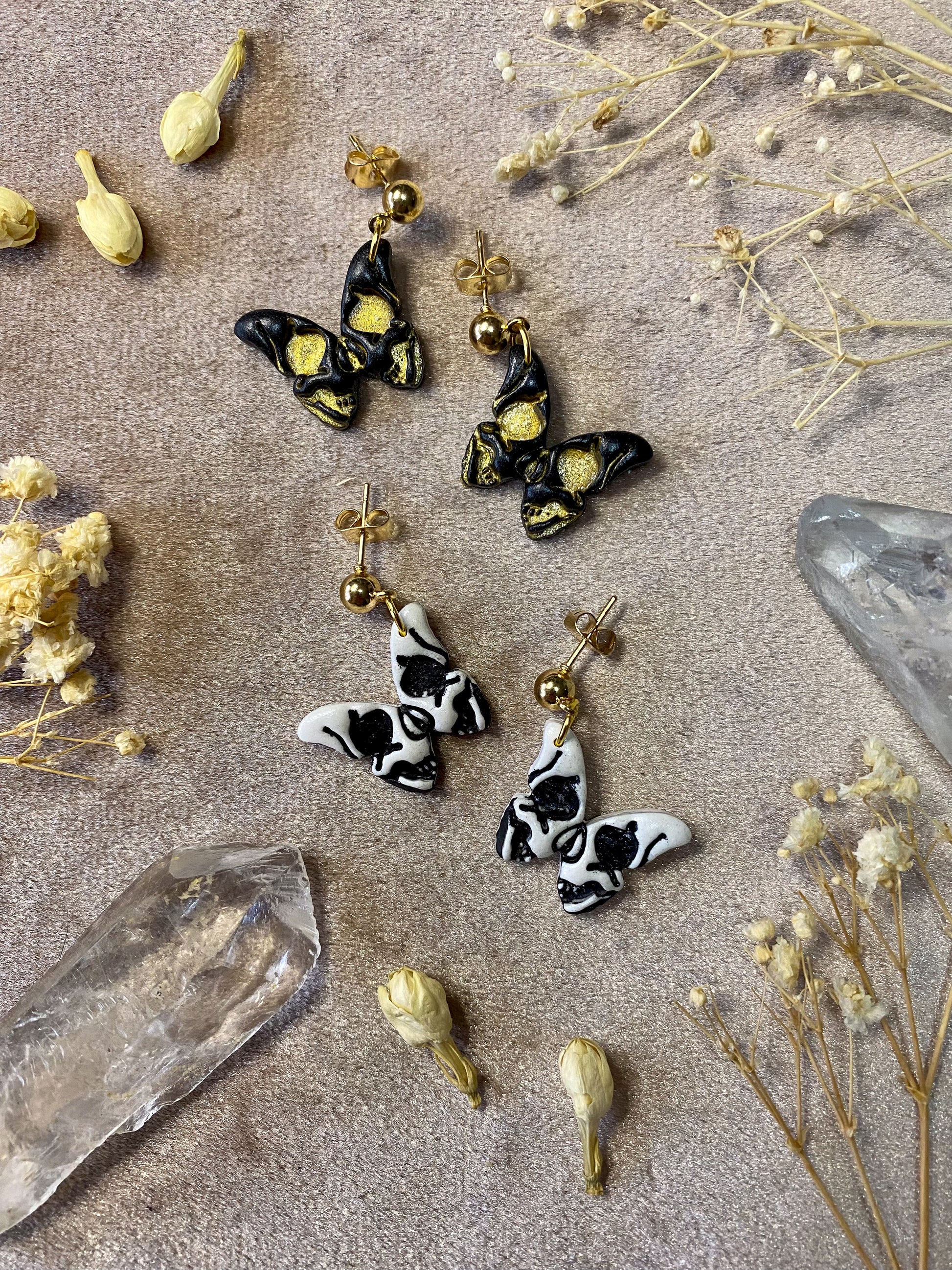 polymer clay day of the dead butterfly skull dangle earrings
