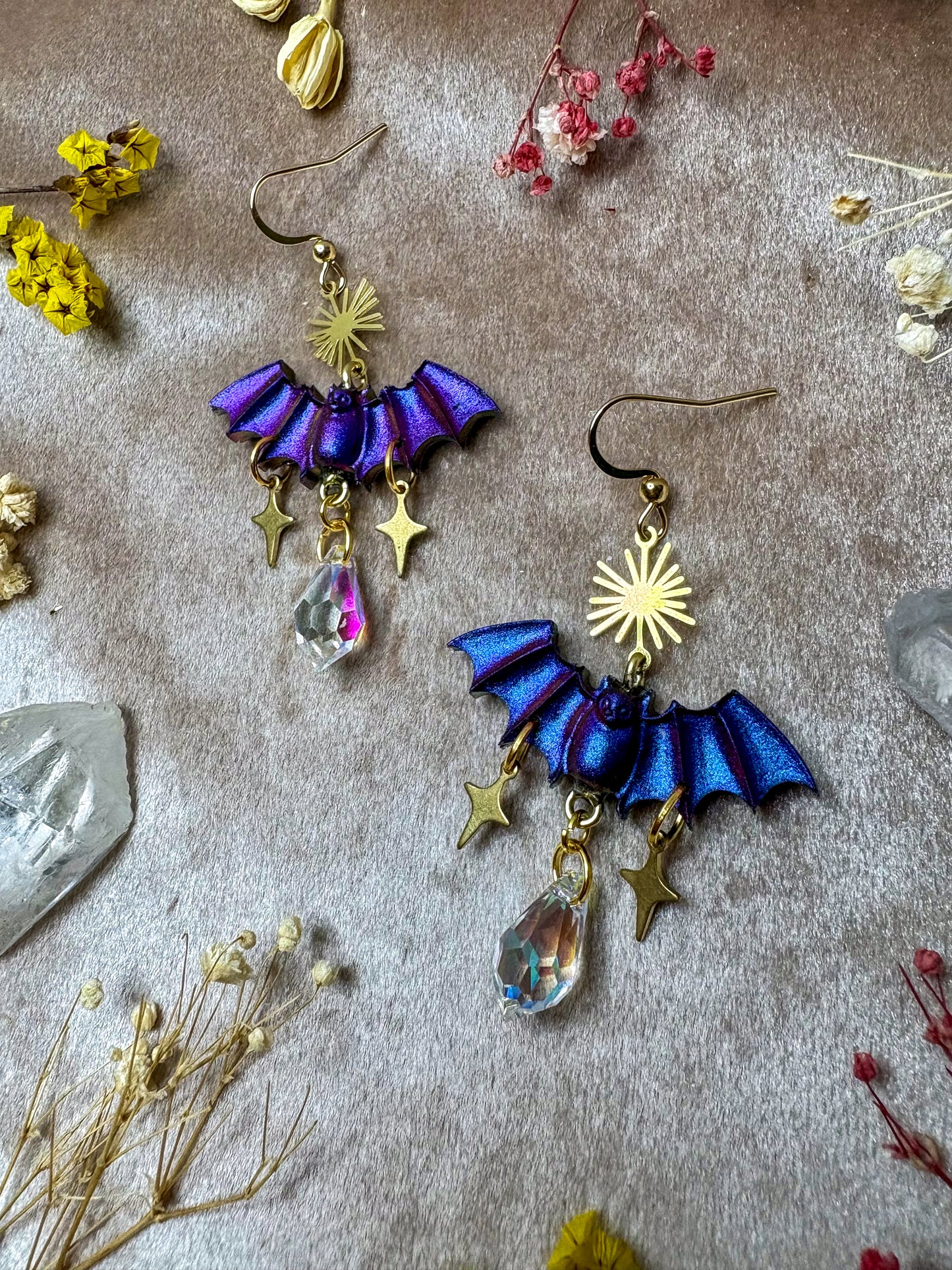 Blue and Purple Sparkle Bat Earrings