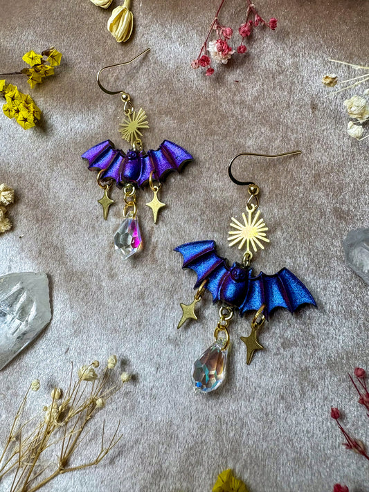 Blue and Purple Sparkle Bat Earrings