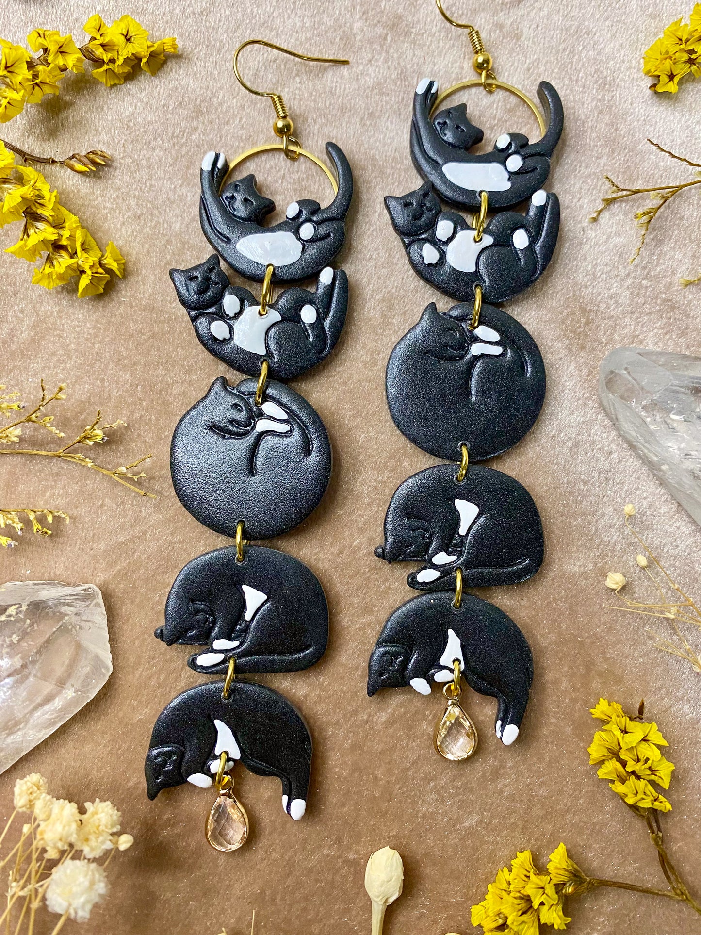 Cat Moon Phase Earrings - Tuxedo