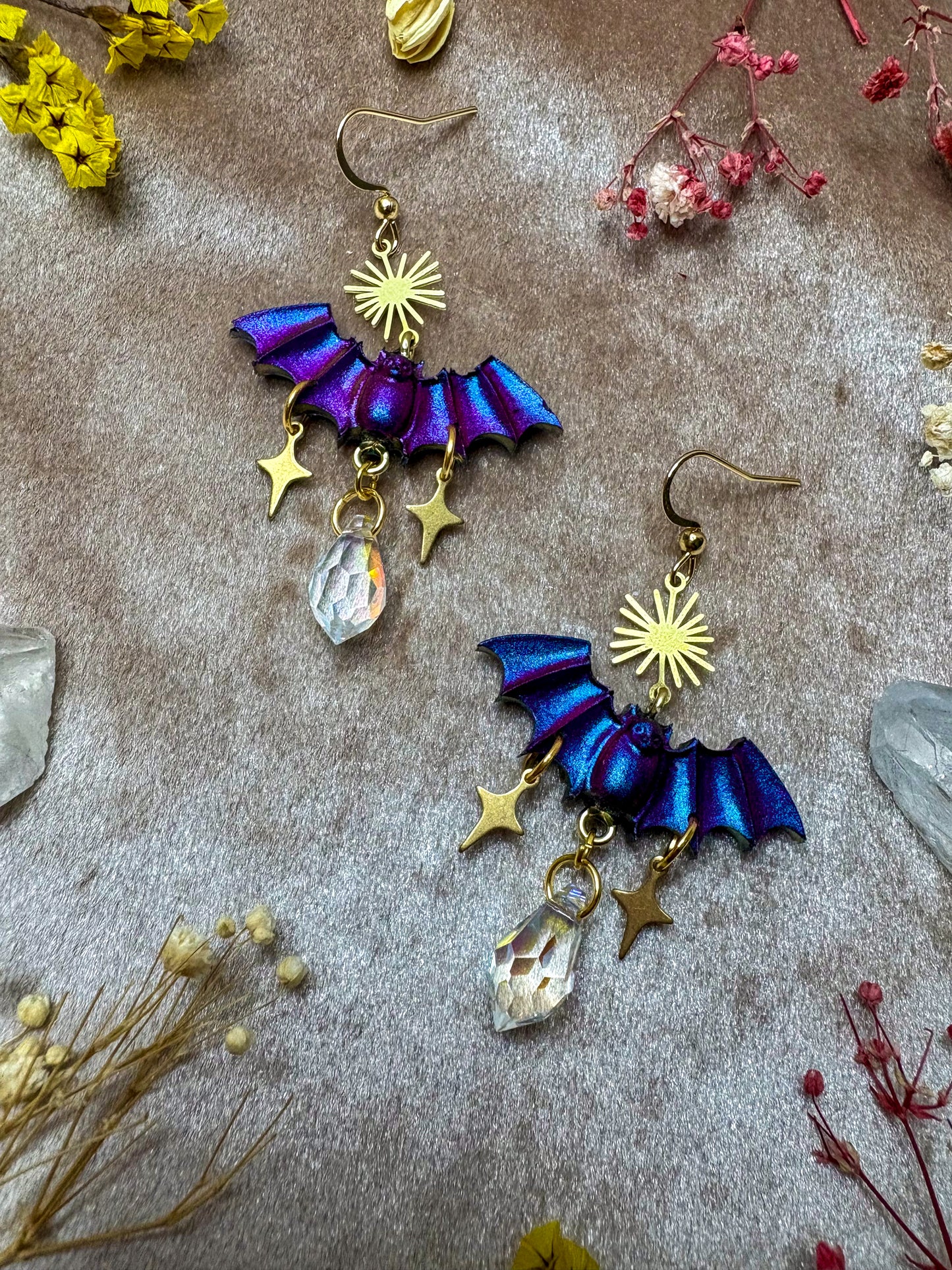 Blue and Purple Sparkle Bat Earrings