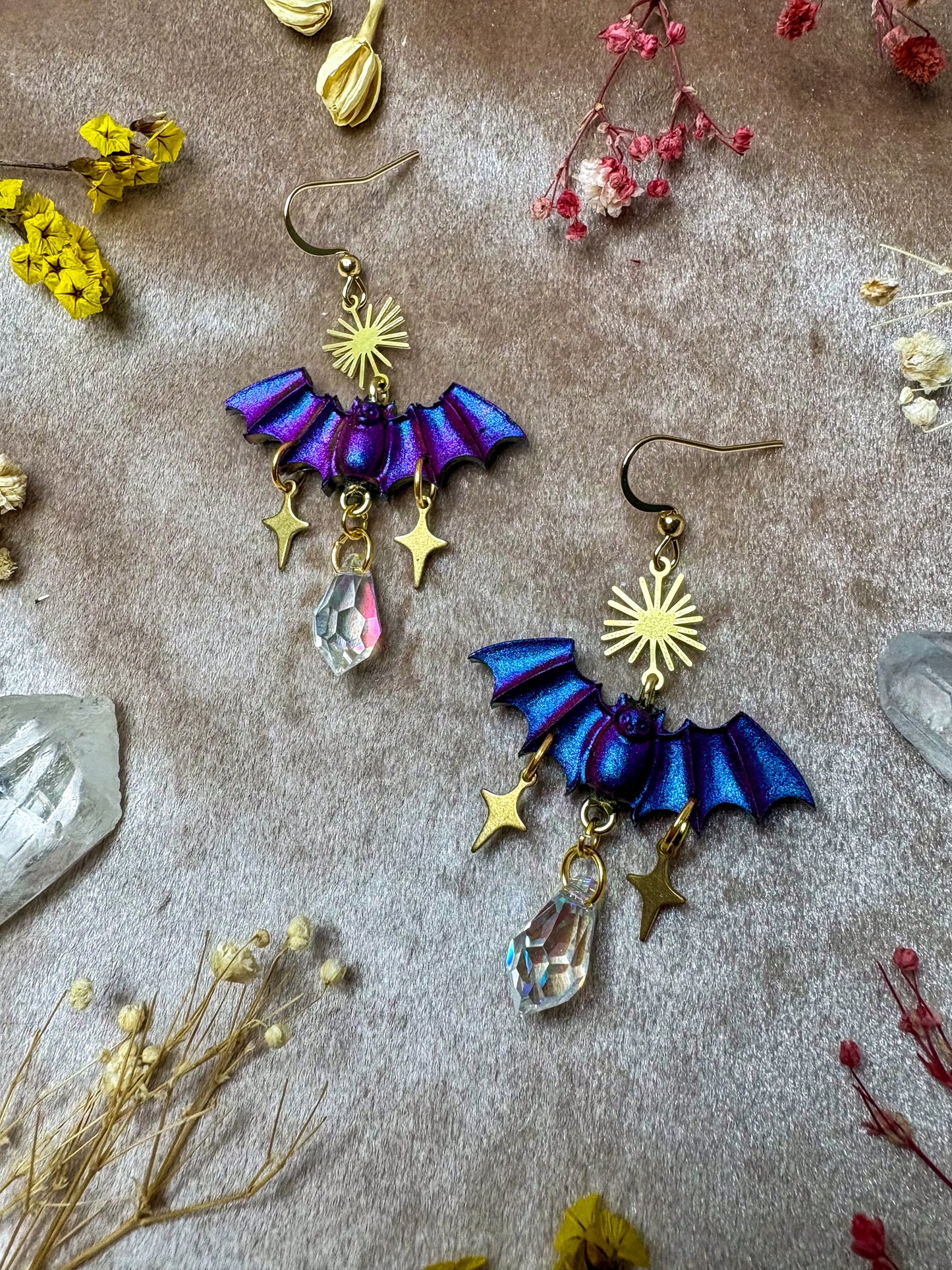 Blue and Purple Sparkle Bat Earrings