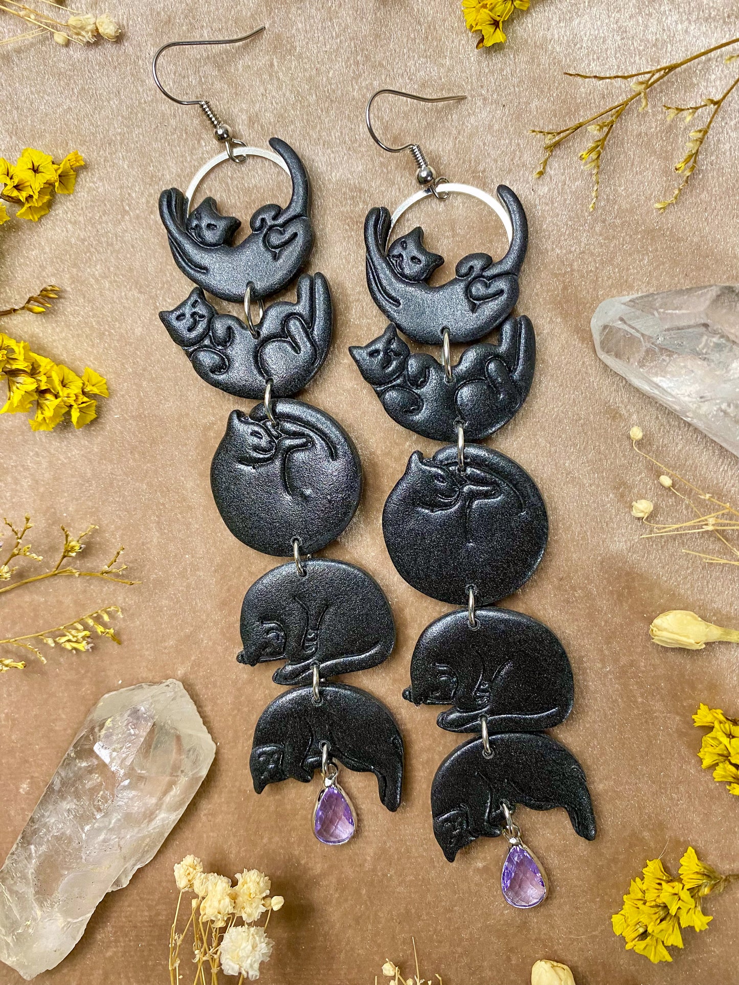 Cat Moon Phase Earrings - Black