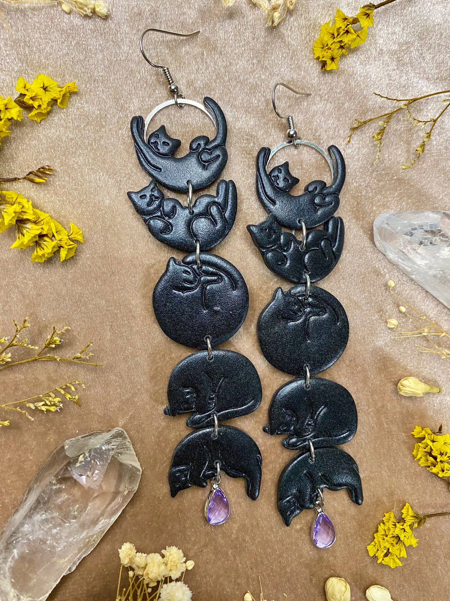 Cat Moon Phase Earrings - Black