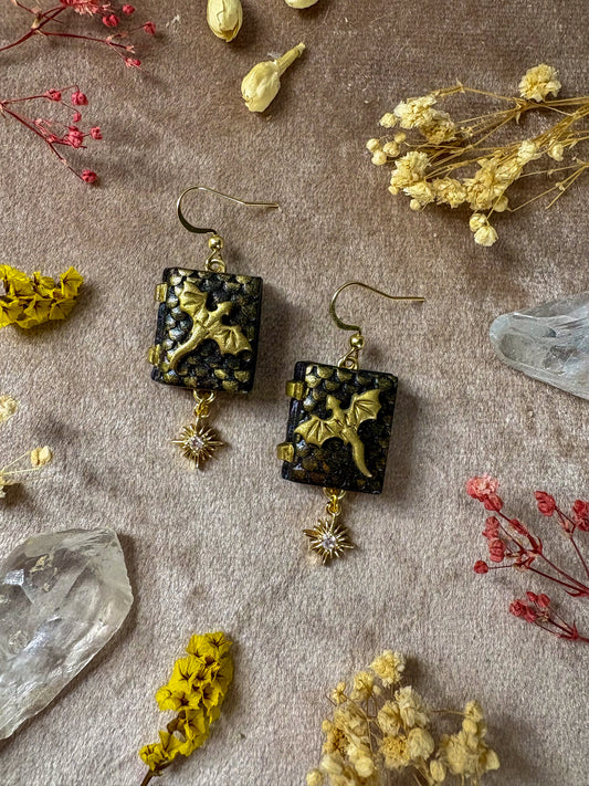 Black and Gold Dragon Book Earrings