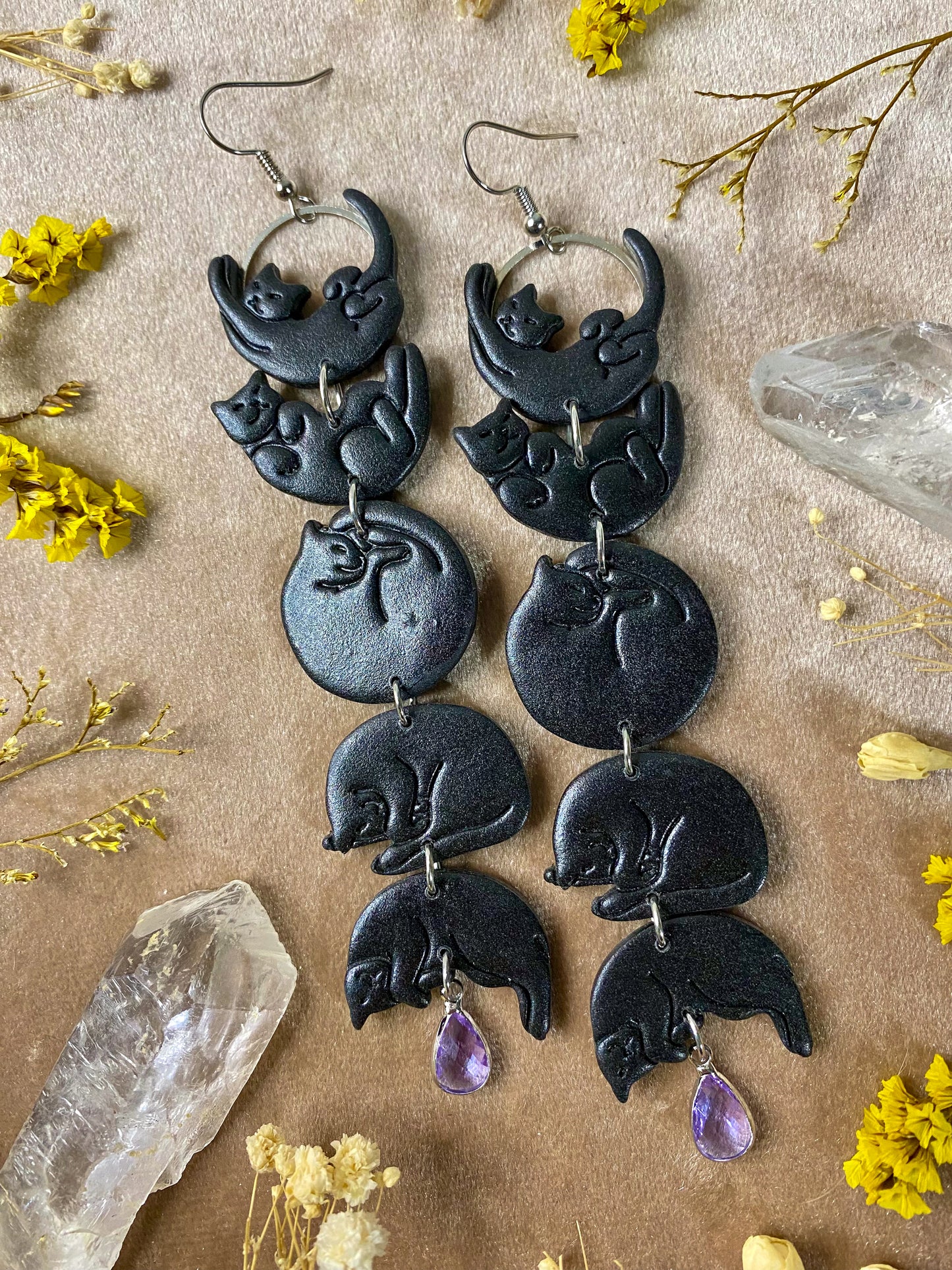 Cat Moon Phase Earrings - Black