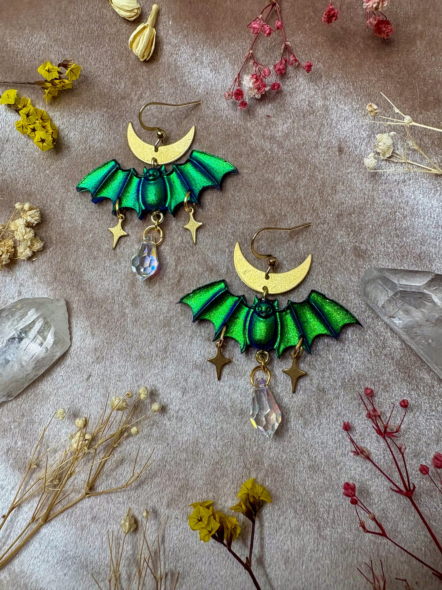 Green Sparkle Bat Earrings